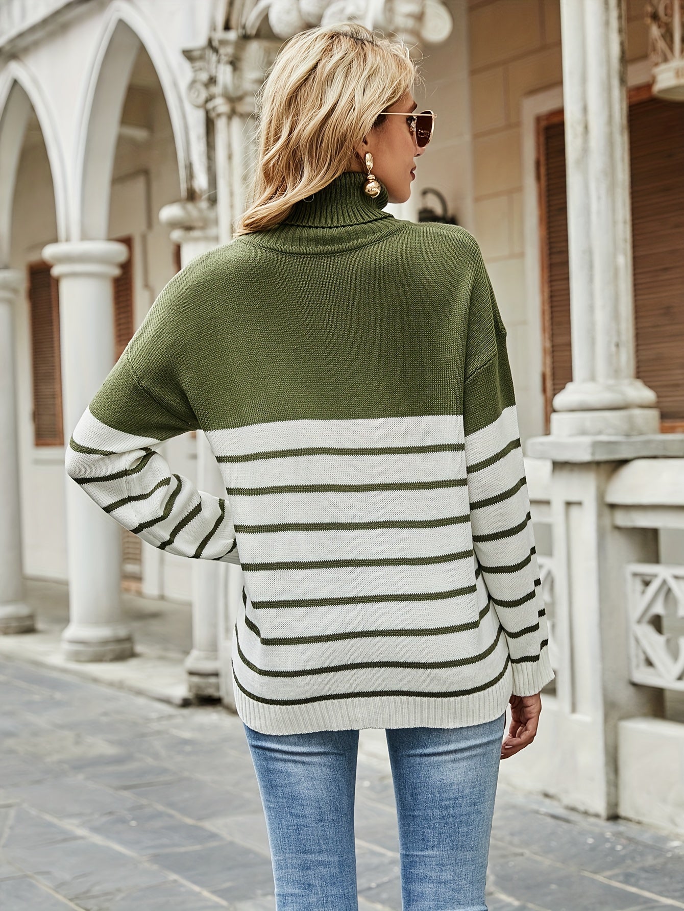 Sixsr Striped Turtle Neck Pullover Sweater, Casual Long Sleeve Sweater, Women's Clothing
