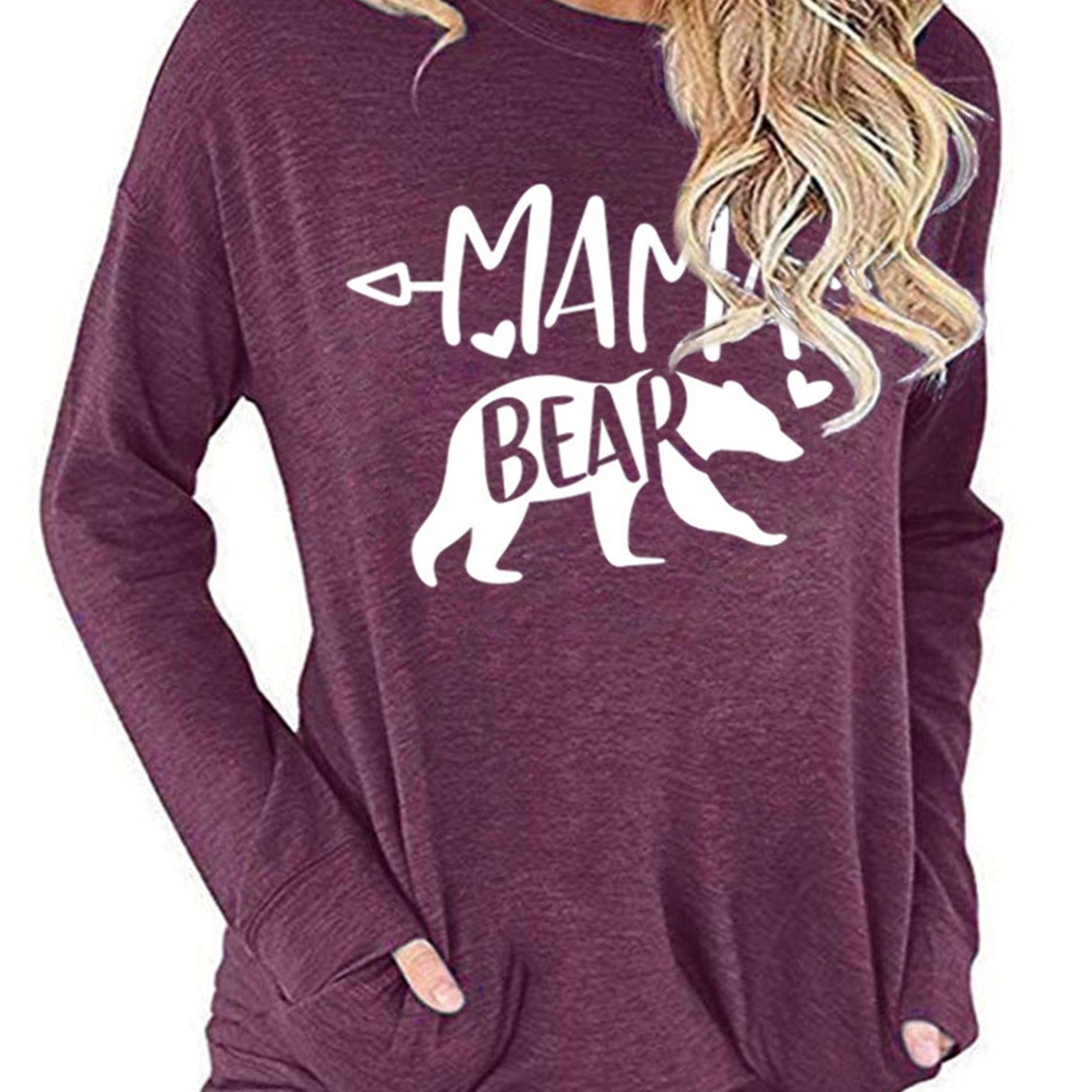 Sixsr Mamabear Bear Pattern Print T-shirt, Round Neck Long Sleeve Pullover T-Shirt, Women's Clothing