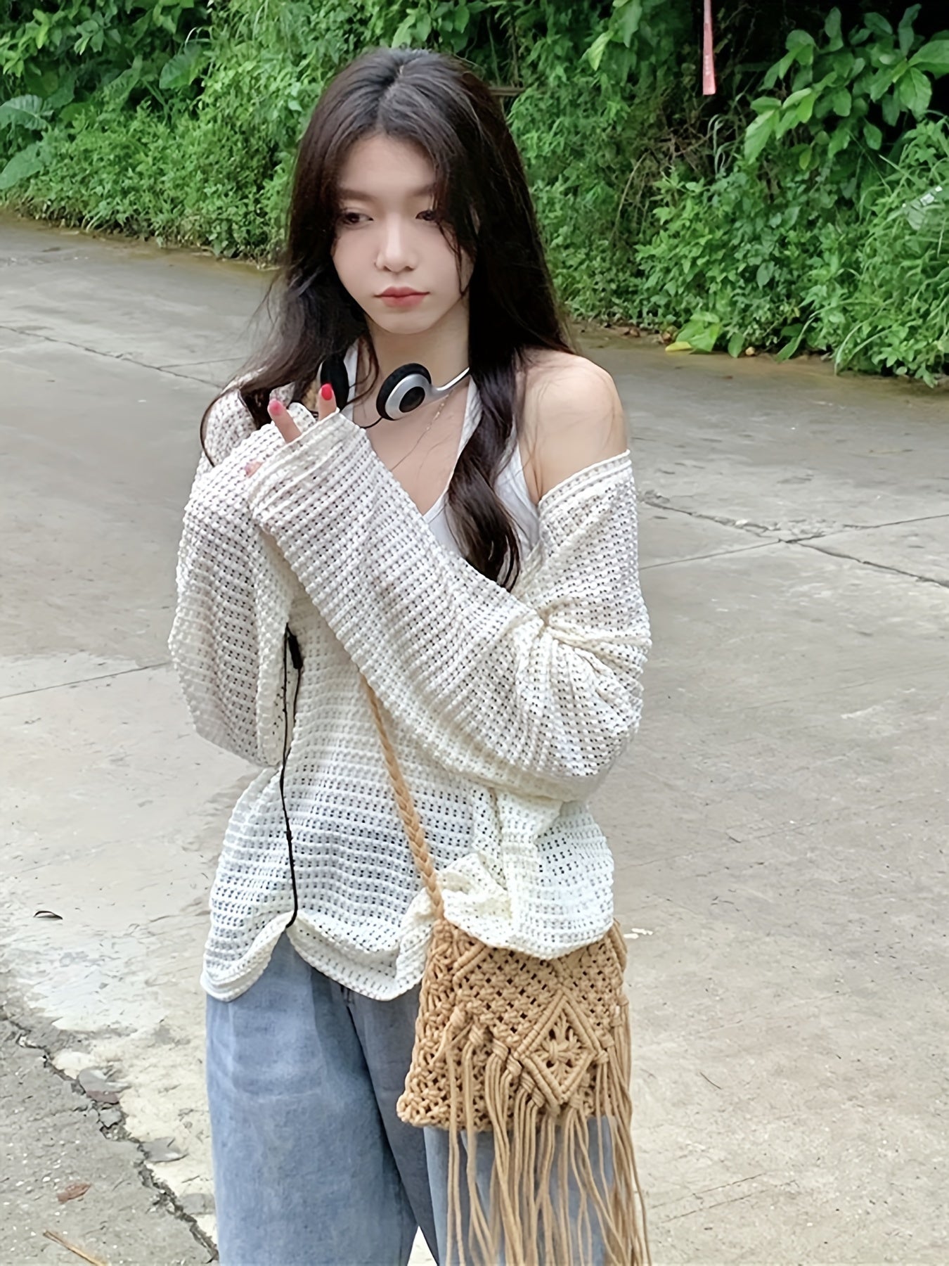 Sixsr Cutout Solid V Neck Cover Up Top, Casual Long Sleeve Top For Spring & Summer, Women's Clothing