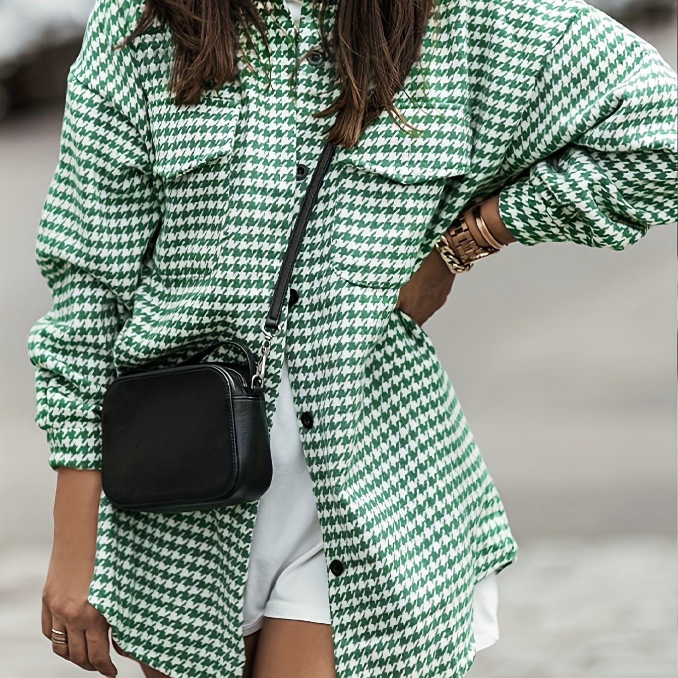 Sixsr Plus Size Casual Coat, Women's Plus Brushed Houndstooth Pattern Lapel Collar Button Up Shacket With Flap Pockets
