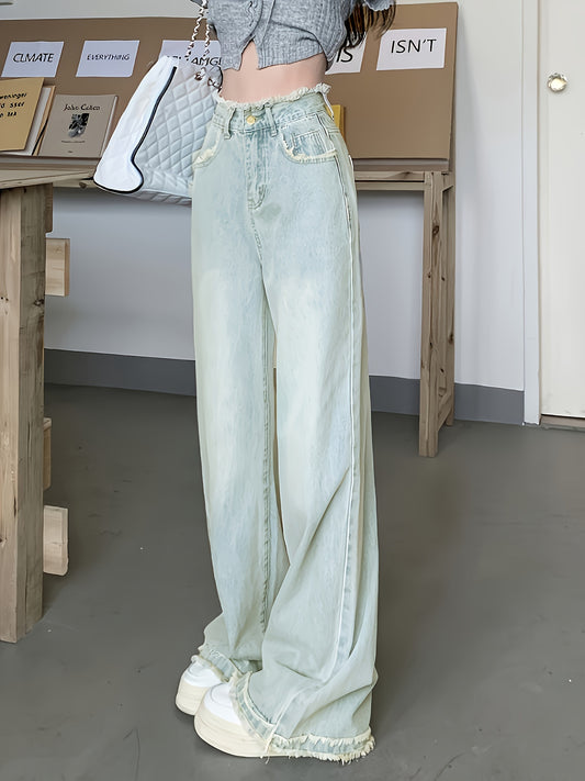 Sixsr  High Waist Chic Baggy Jeans, Frayed Hem Loose Fit Slant Pockets Denim Pants, Women's Denim Jeans & Clothing