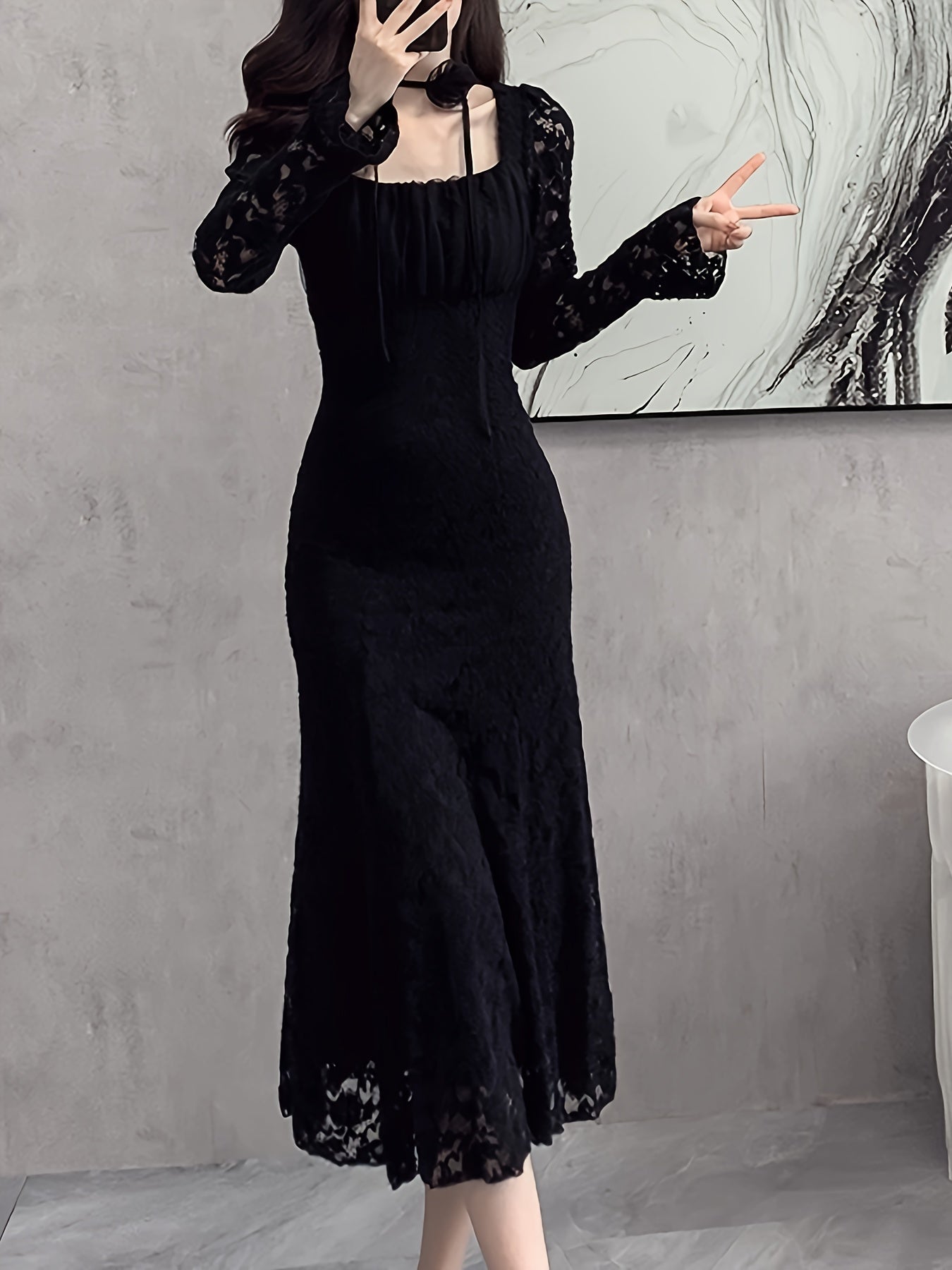 Sixsr Square Neck Lace Trumpet Dress, Chic Long Sleeve Ruched Mid Calf Dress, Women's Clothing