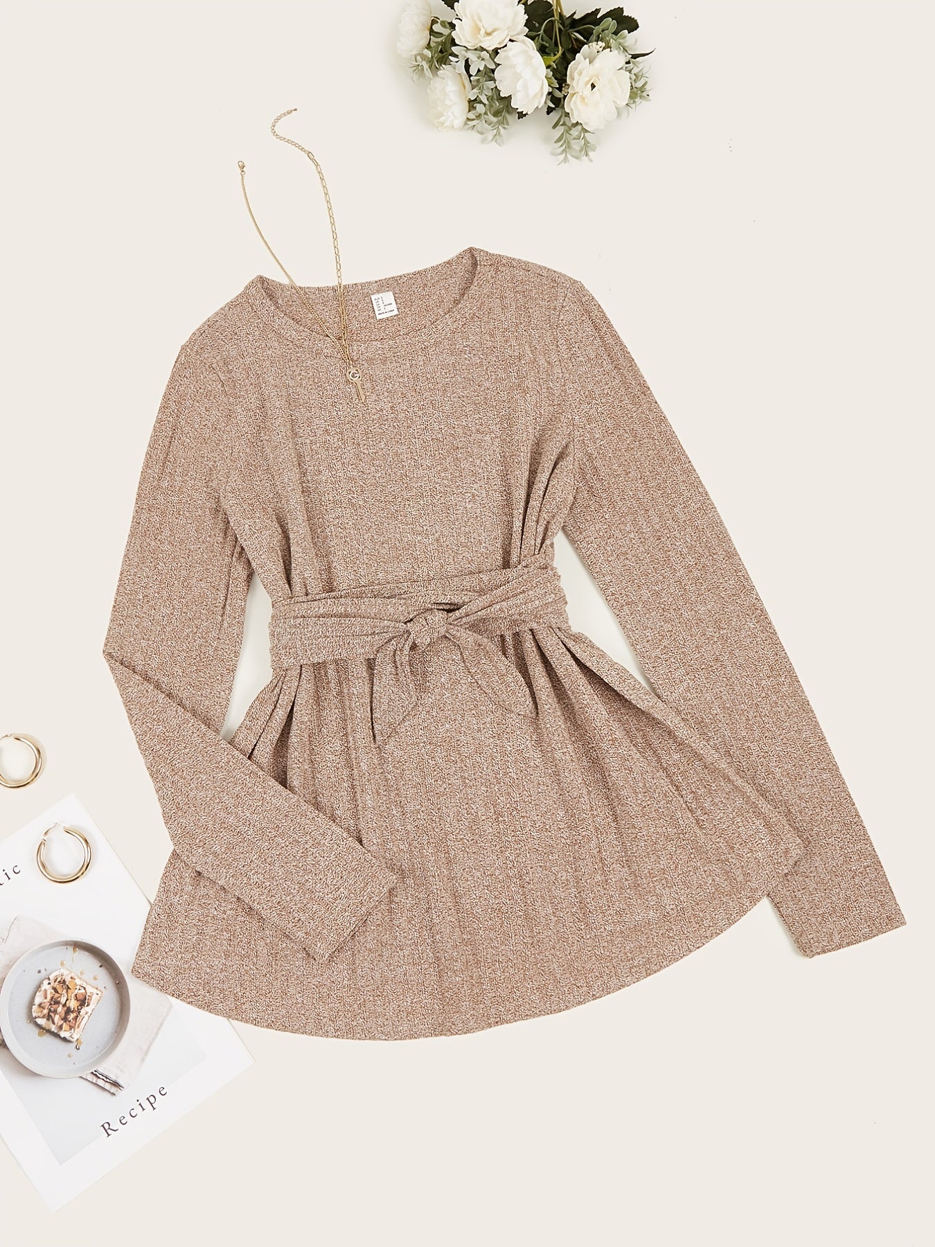 Sixsr Basic Tie Front Ribbed Knit Tee Top, Long Sleeve Solid Crew Neck Top, Casual Every Day Tops, Women's Clothing