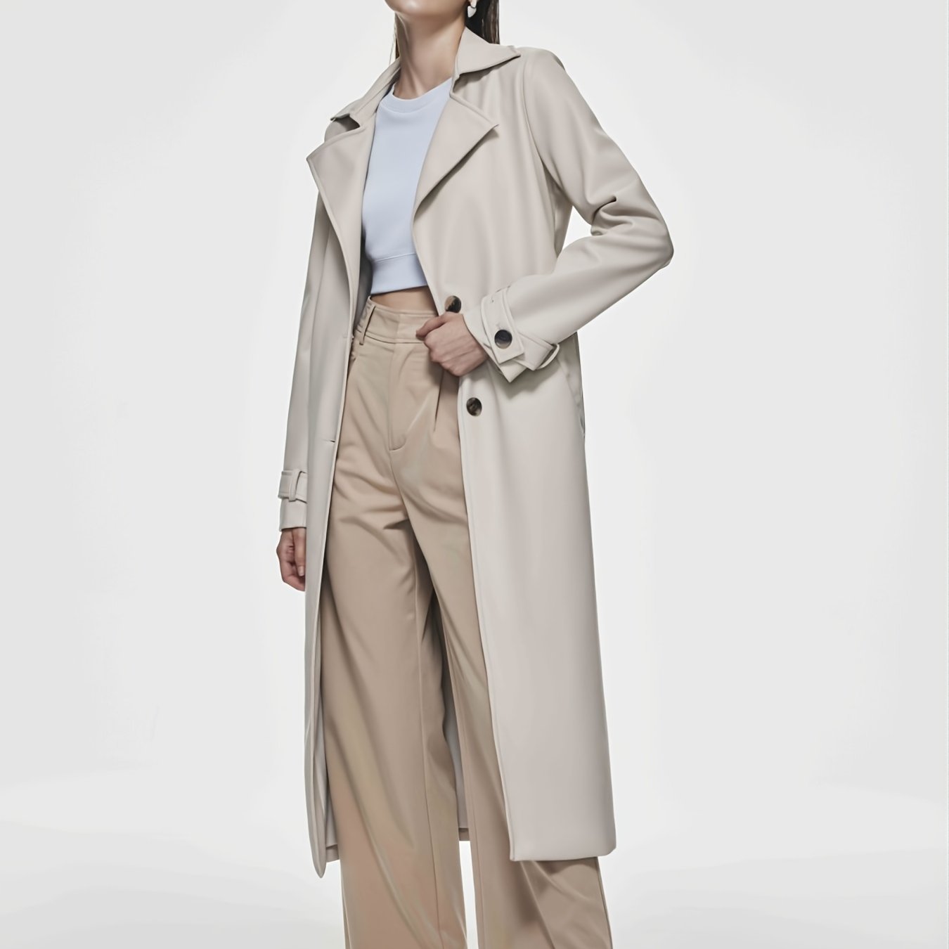 Sixsr Solid Faux Leather Double Lapel Long Sleeve Trench Coat, Fashion Fall Winter Overcoat, Women's Clothing