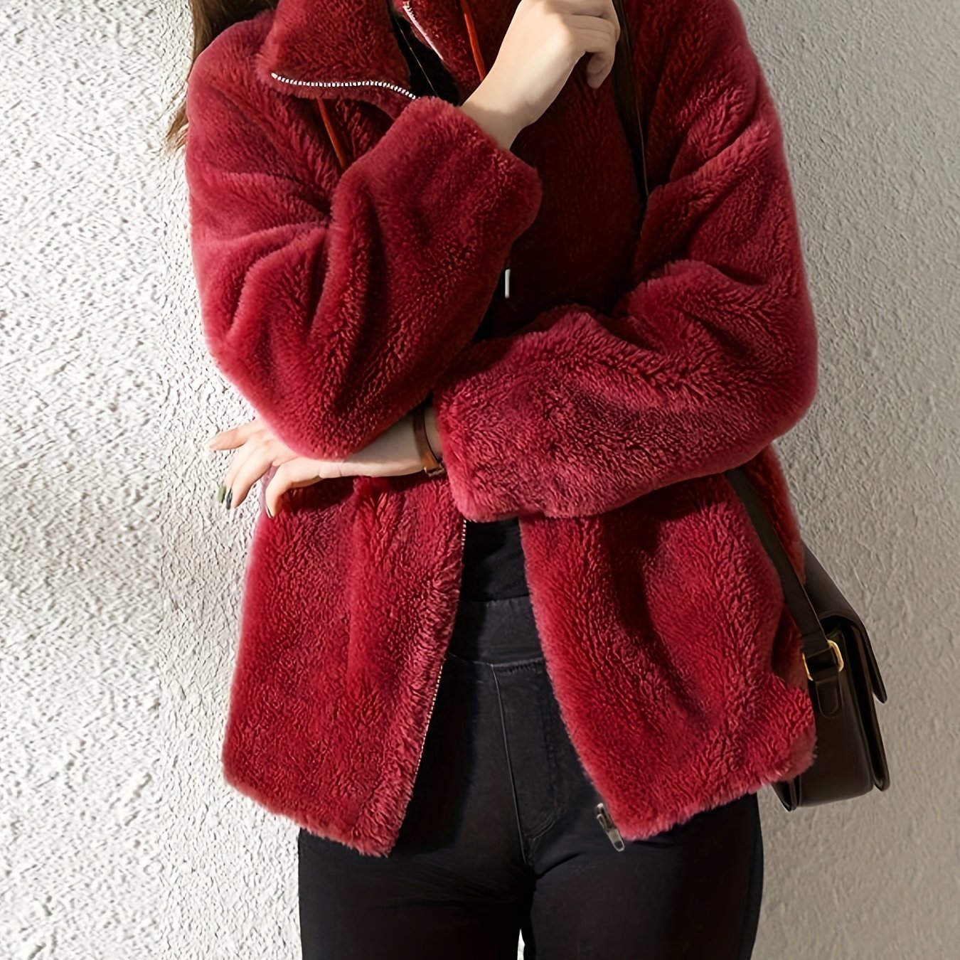 Sixsr Drawstring Teddy Coat, Casual Zip Up Long Sleeve Warm Outerwear, Women's Clothing