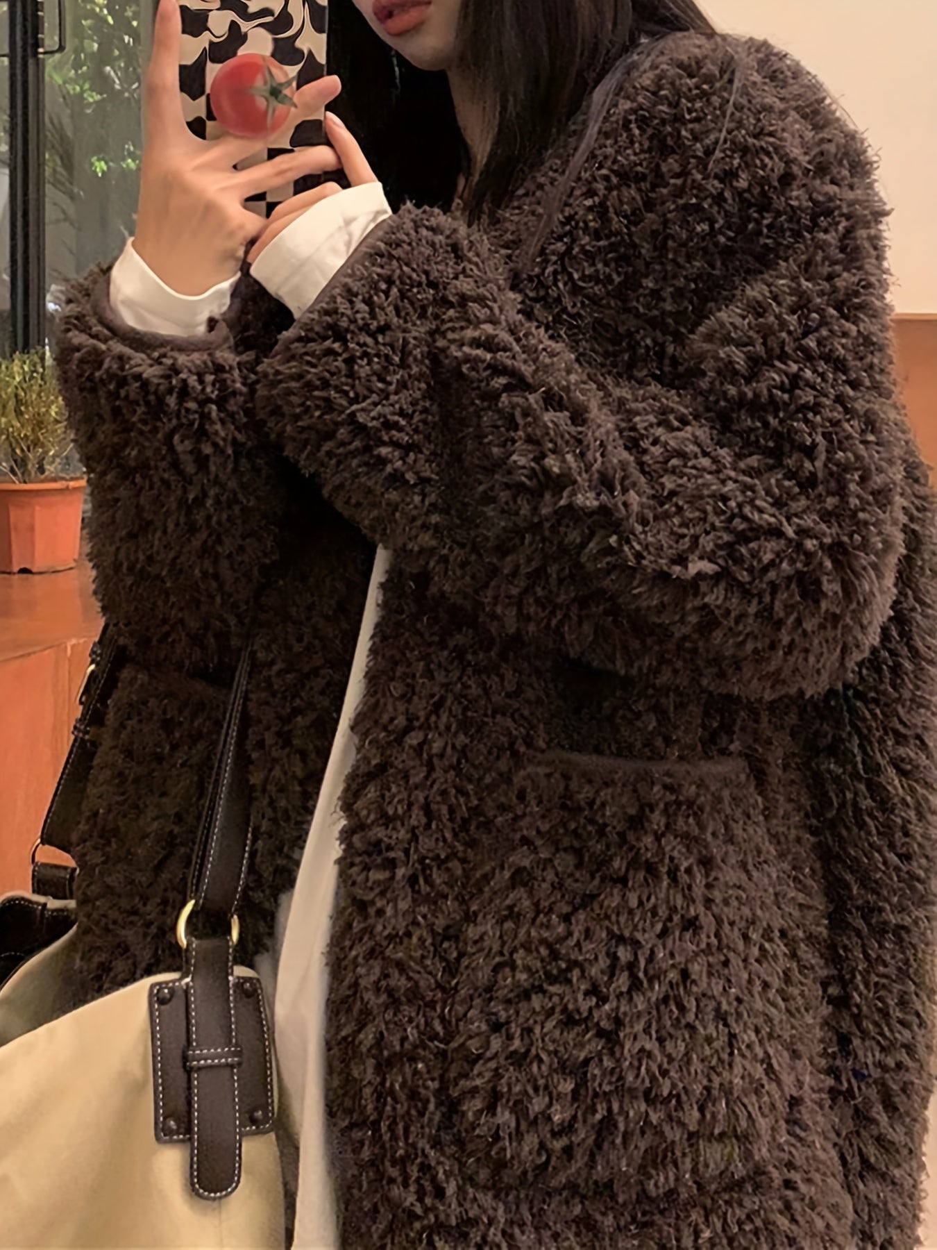 Sixsr Faux Fur Open Front Coat, Casual Long Sleeve Winter Warm Outerwear, Women's Clothing