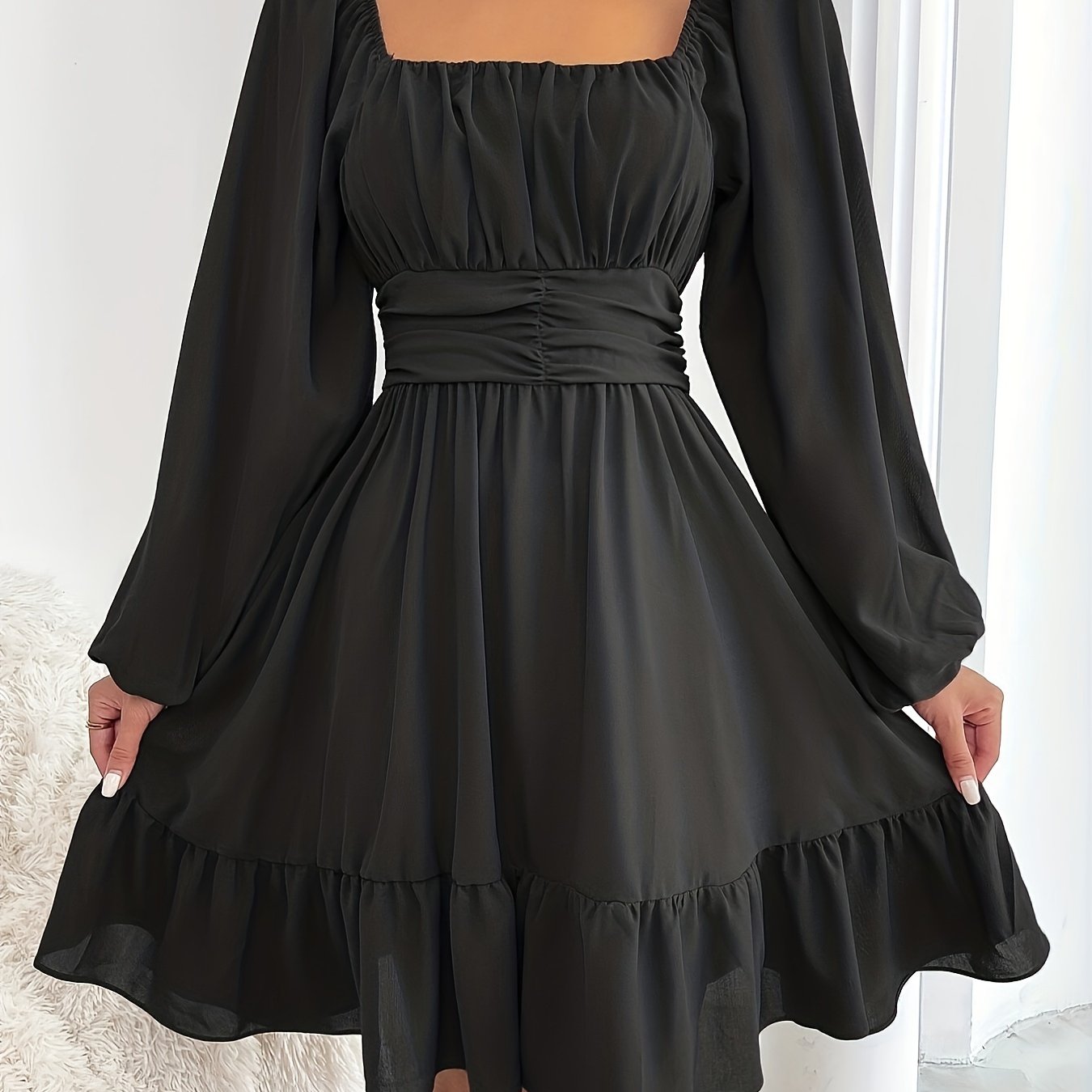 Sixsr Tied Back Lantern Sleeve Dress, Cinched Waist Square Neck Ruched Dress, Women's Clothing