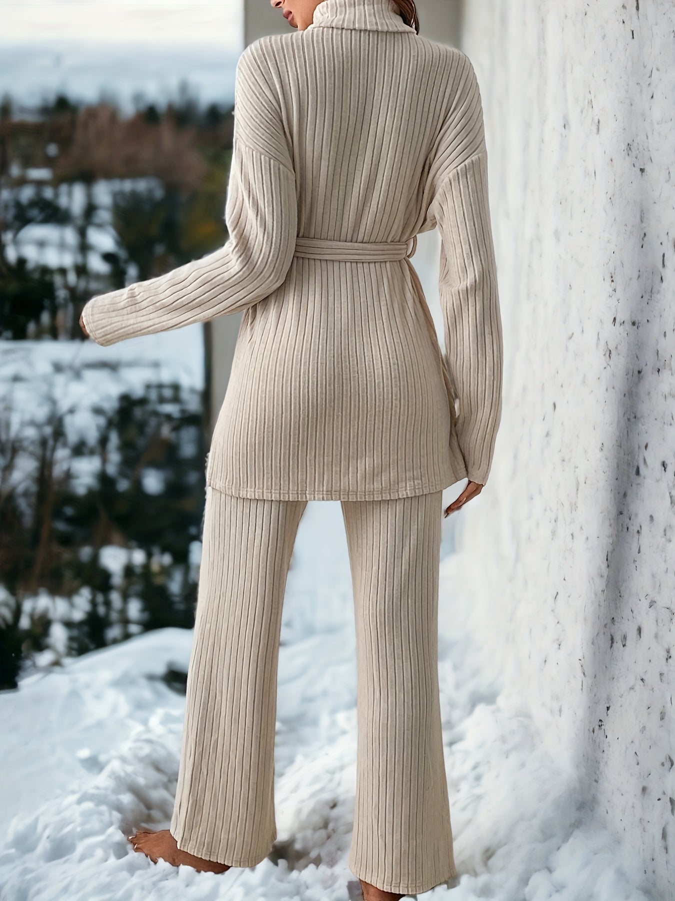 Sixsr Casual Ribbed Knit Two-piece Set, Split Hem Belted Top & Wide Leg Pants Outfits, Women's Clothing