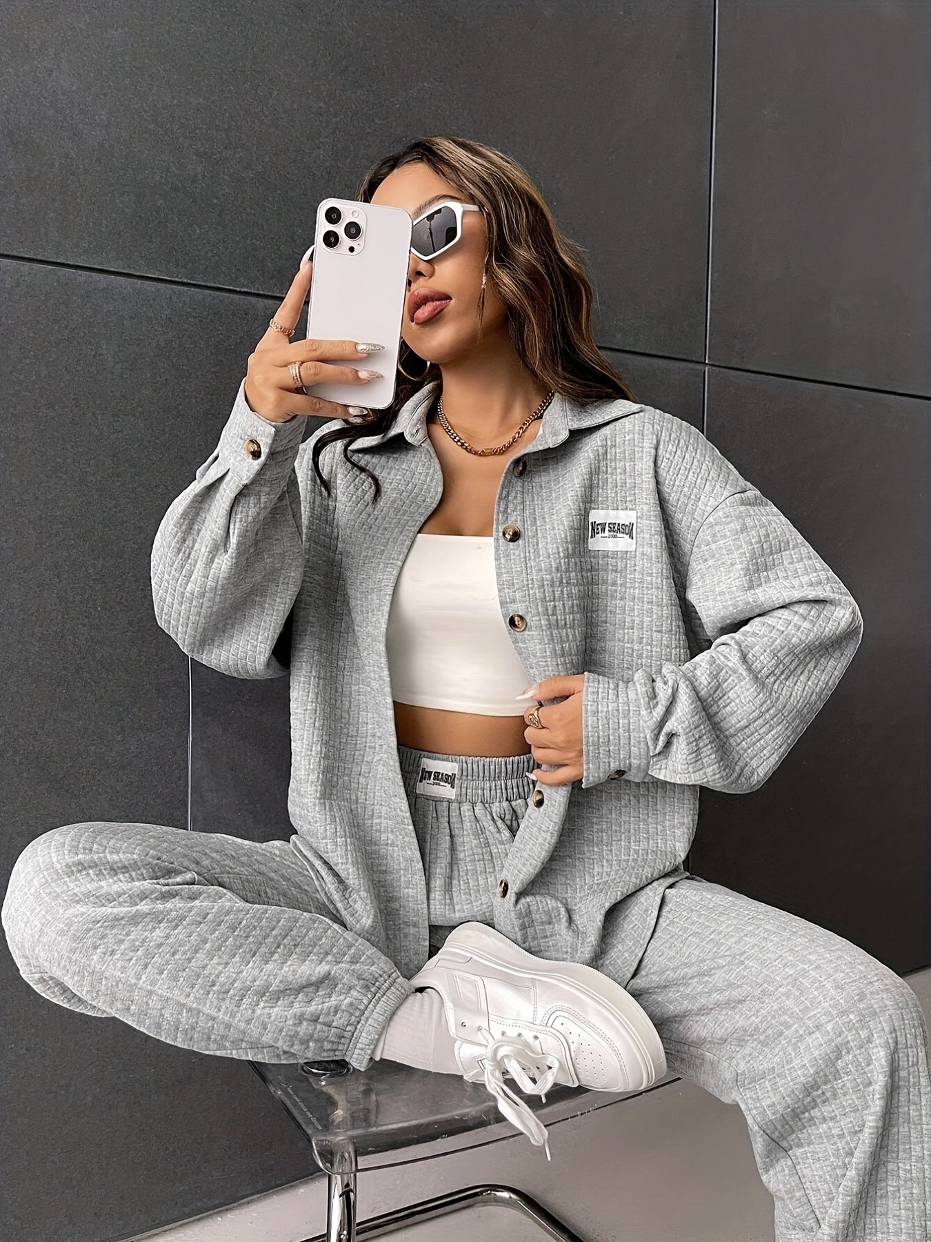 Sixsr Solid Casual Two-piece Set, Button Front Long Sleeve Shirt & Elastic Waist Jogger Pants Outfits, Women's Clothing