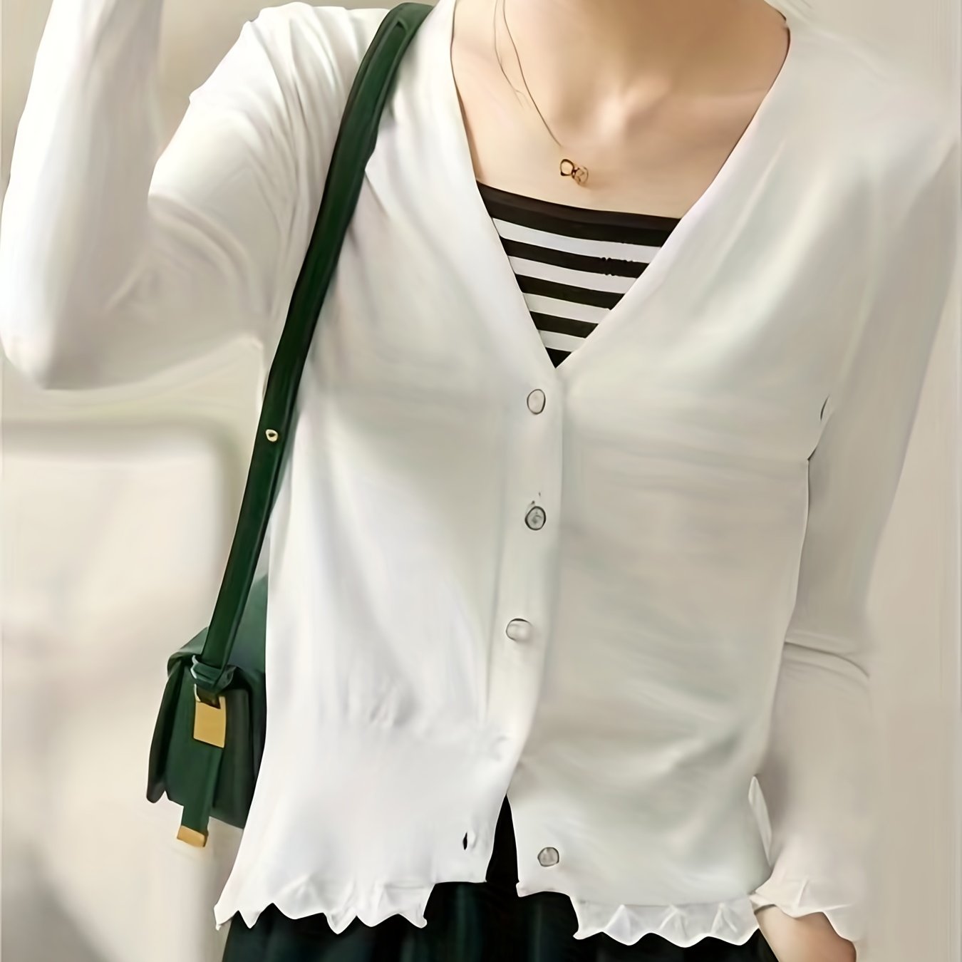 Sixsr Button Front Lettuce Trim Knit Cardigan, Casual Solid V Neck Long Sleeve Sweater For Spring & Summer, Women's Clothing