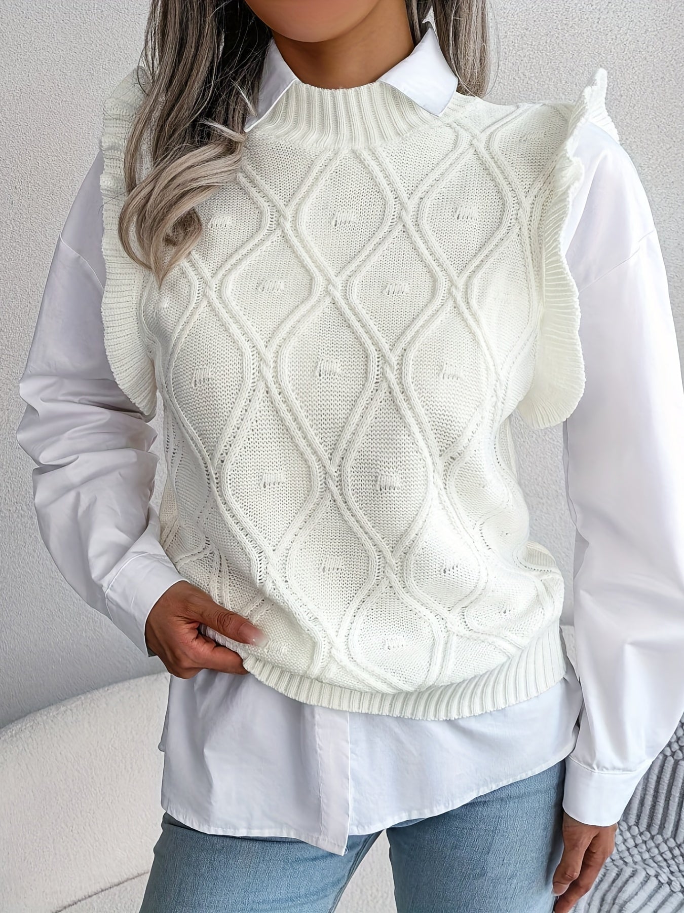 Sixsr Women's Ruffle Trim Sleeve Polo Neck Knit Tops, Elegant Fall Winter Sweatshirts, Women's Clothing