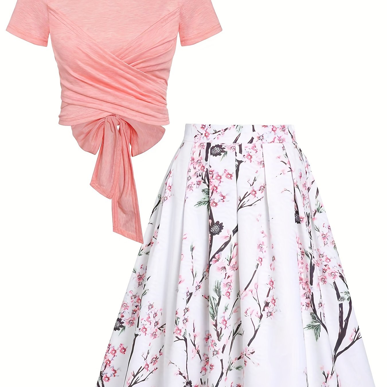 Women's Elegant Spring & Summer Two-piece Set - Floral Print Pleated Skirt & Knotted Short Sleeve Tee Outfit