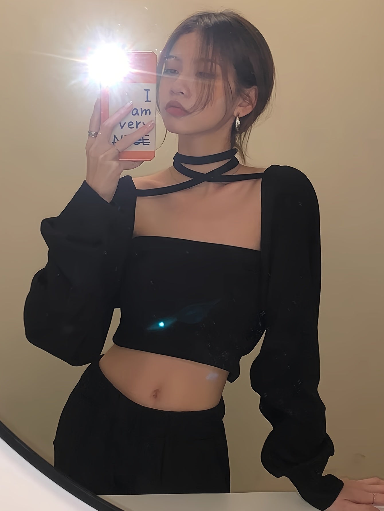Sixsr Chic Solid Color Two-piece Set, Crop Strapless Tube Top & Choker Neck Long Sleeve Shrug Outfits, Women's Clothing