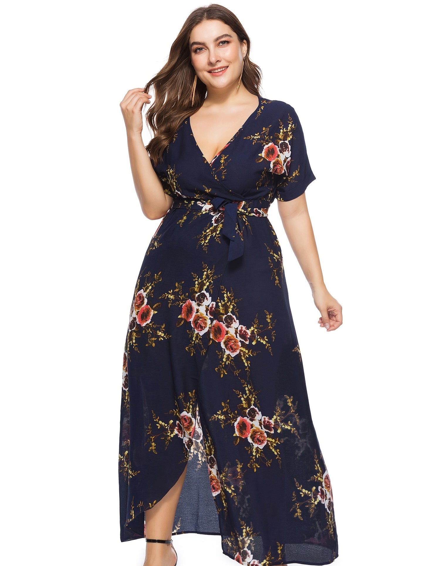 Sixsr Plus Size Floral Print Split Hem Maxi Dress With Belt, Women's Plus V Neck Long Dress, Dress Women