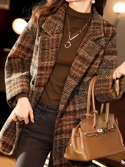 Sixsr Notched Collar Double-breasted Blazer, Elegant Long Sleeve Coat For Office & Work, Women's Clothing