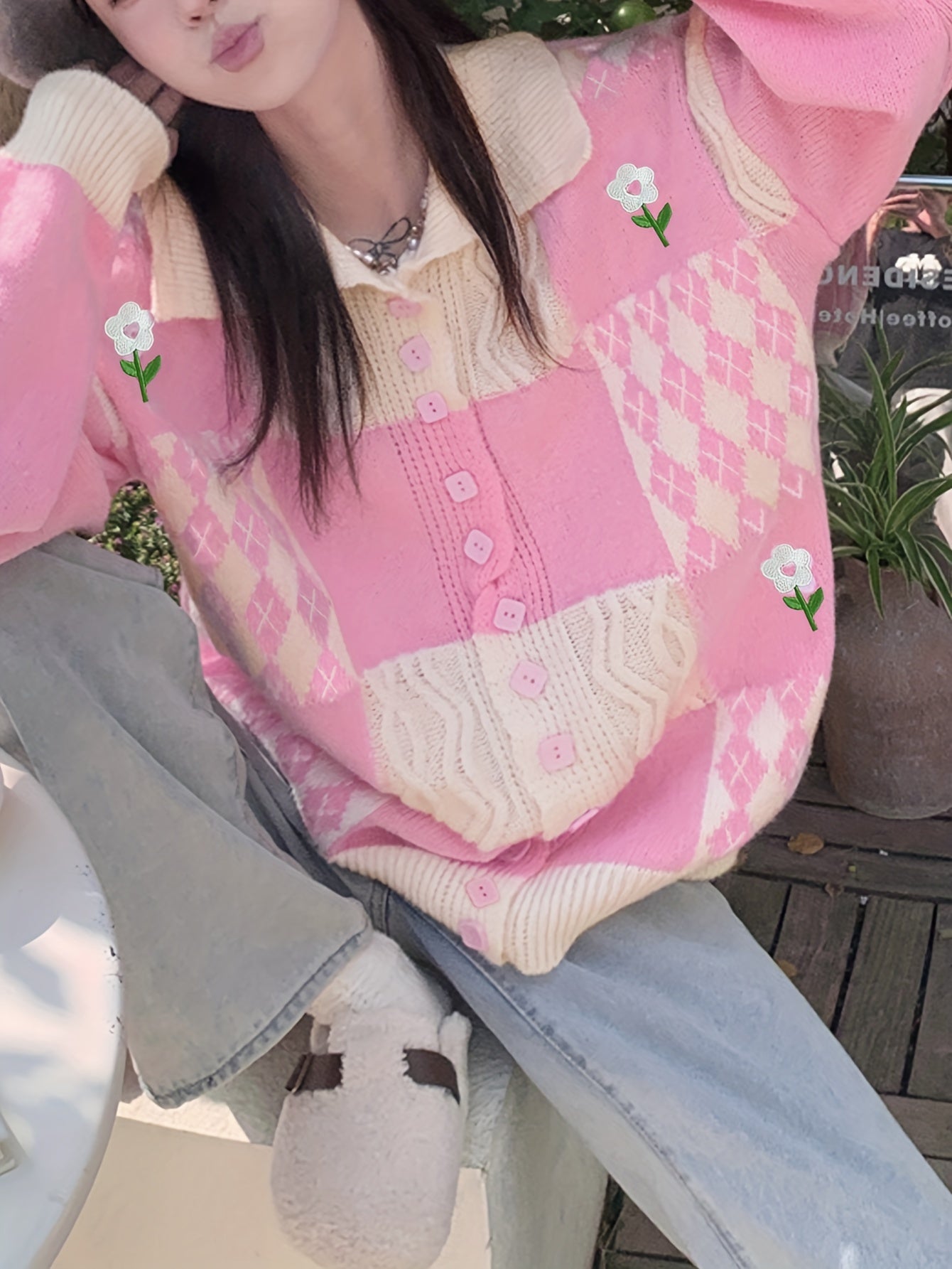 Sixsr Flower & Plaid Pattern Single Breasted Cardigan, Sweet Long Sleeve Cardigan For Fall & Winter, Women's Clothing