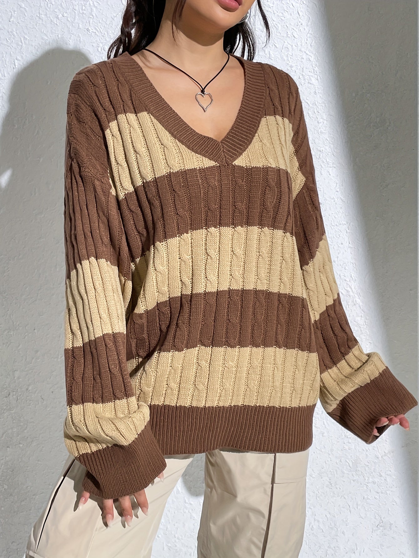 Sixsr Color Block V Neck Cable Knit Sweater, Casual Long Sleeve Drop Shoulder Sweater, Women's Clothing