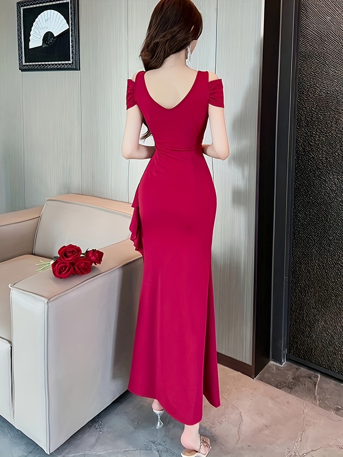 Ruffle Trim Cold Shoulder Bodycon Dress, Elegant V Neck Split Hem Short Sleeve Dress, Women's Clothing