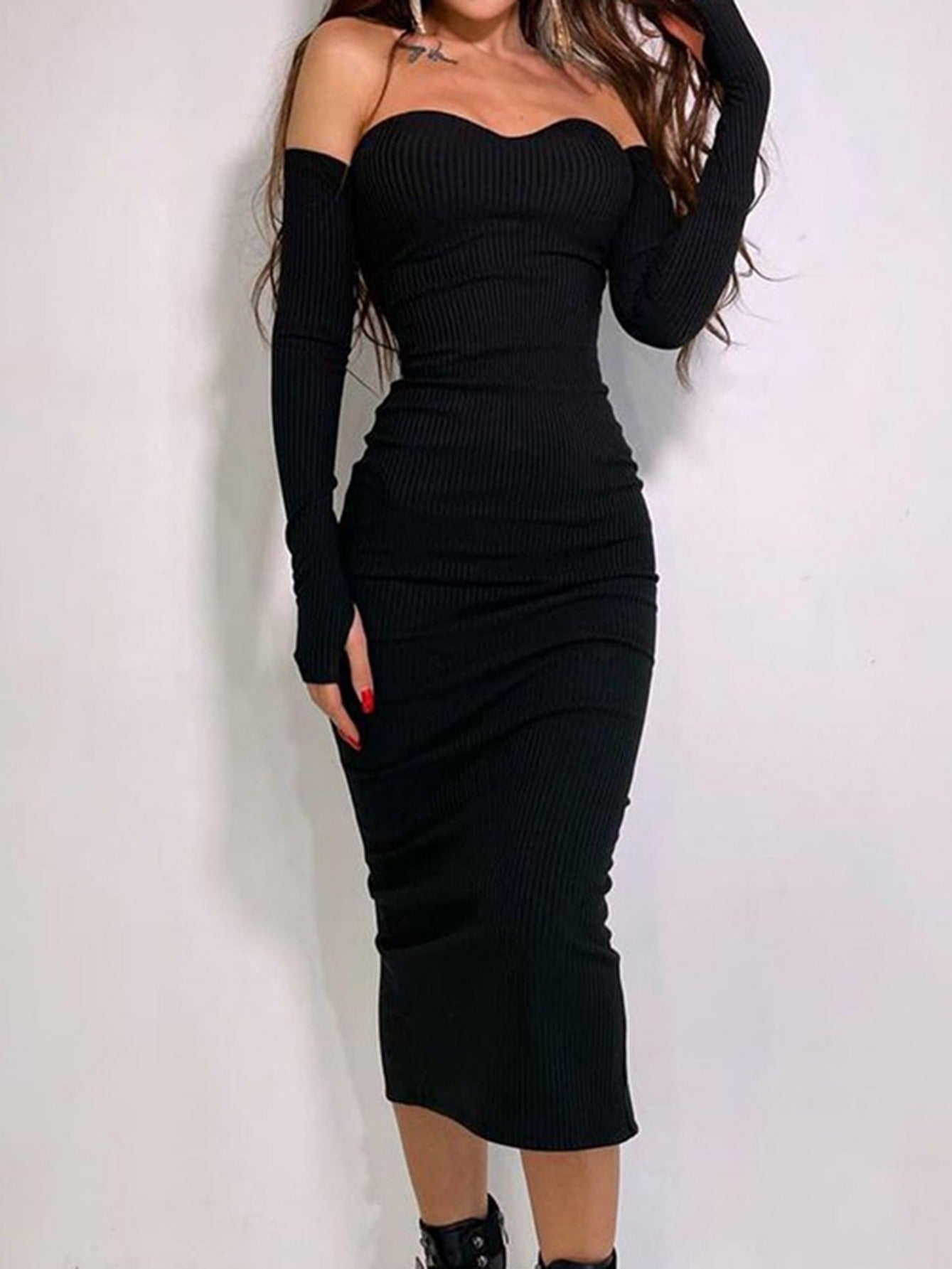 Sixsr Women's Dresses Women Fall Sexy V Neck Knit Long Sleeve Solid Ribbed Bodycon Midi Dresses