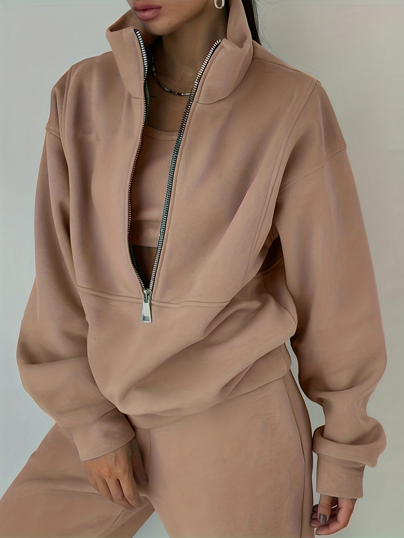 Sixsr Casual Matching Two-piece Set, Zip Up Sweatshirt & Solid Sweatpants Outfits, Women's Clothing