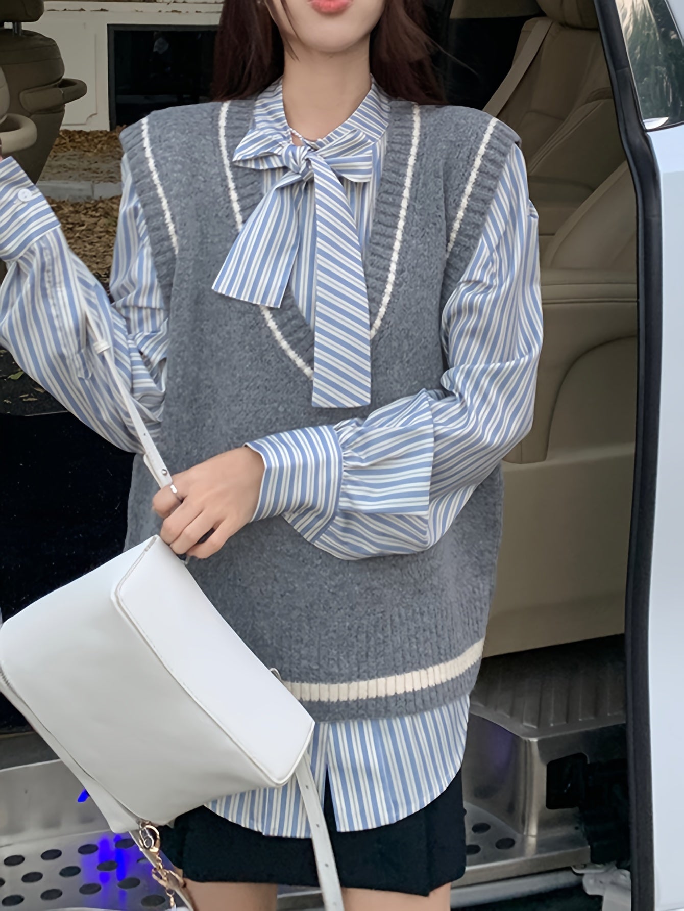 Sixsr Preppy Style V Neck Knitted Vest, Casual Sleeveless Loose Sweater, Women's Clothing