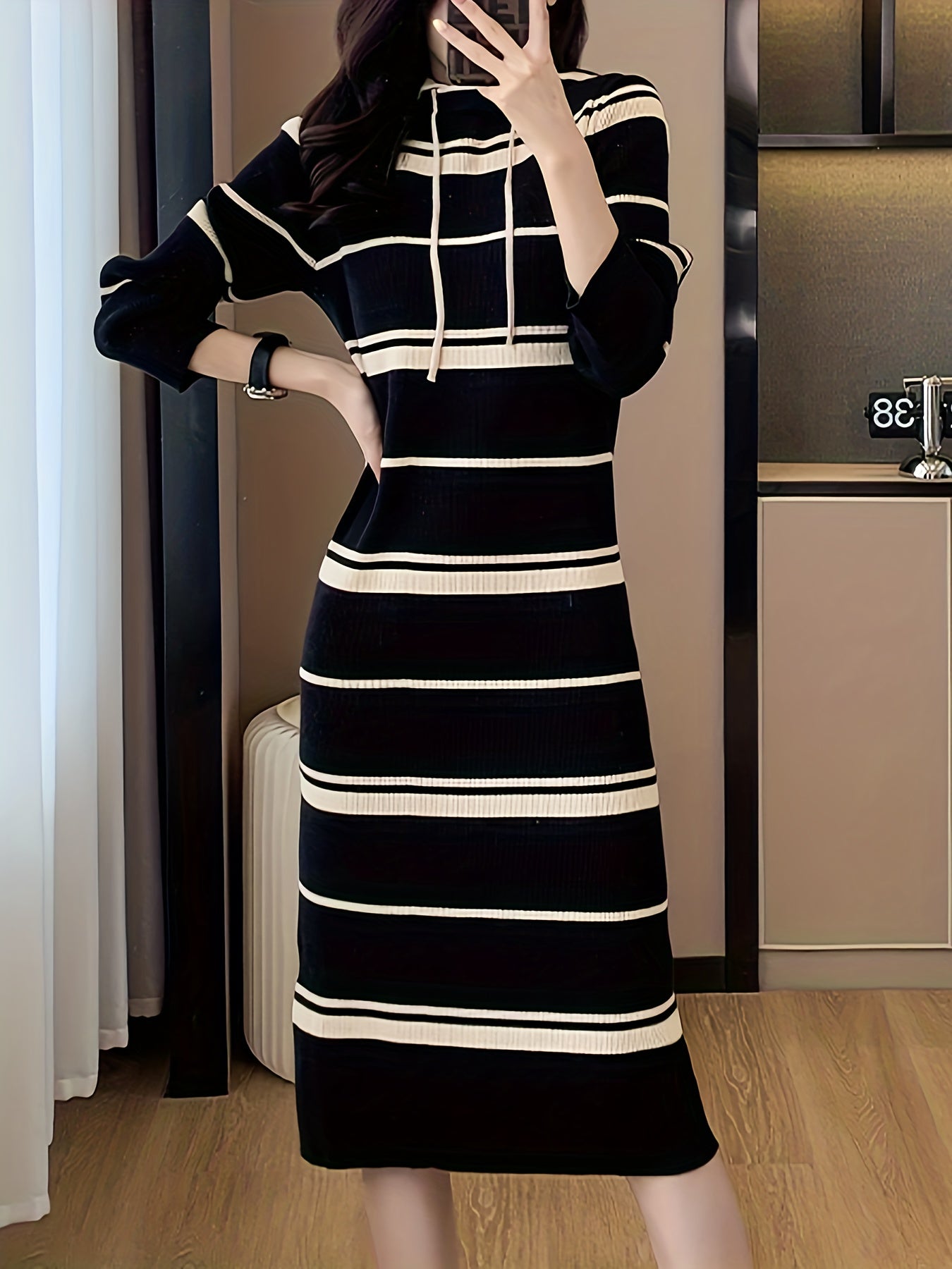 Sixsr Striped Pattern Drawstring Dress, Casual Hooded Bodycon Midi Dress, Women's Clothing