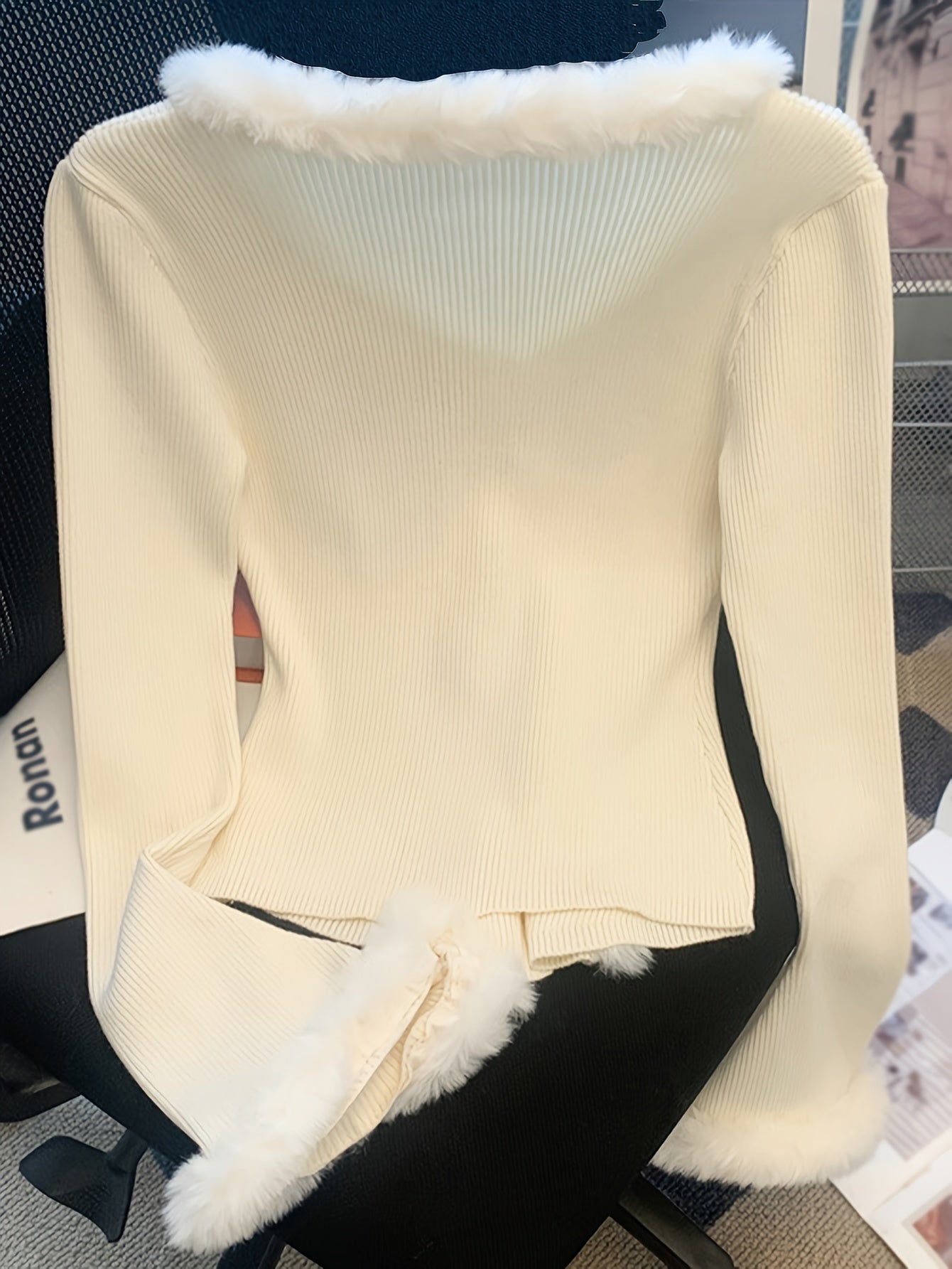 Sixsr Solid Faux Fur Decor V-neck Cardigan, Elegant Long Sleeve Slim Knit Cardigan For Fall & Winter, Women's Clothing