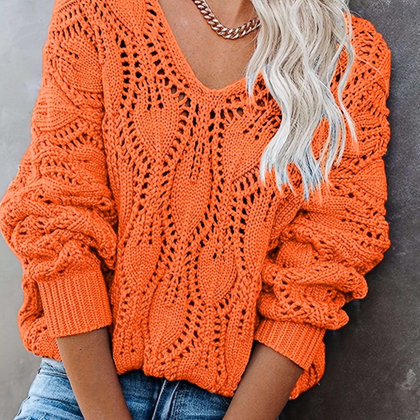 Sixsr Plus Size Casual Sweater, Women's Plus Solid Eyelet Embroidered Long Sleeve V Neck Slight Stretch Pullover Sweater