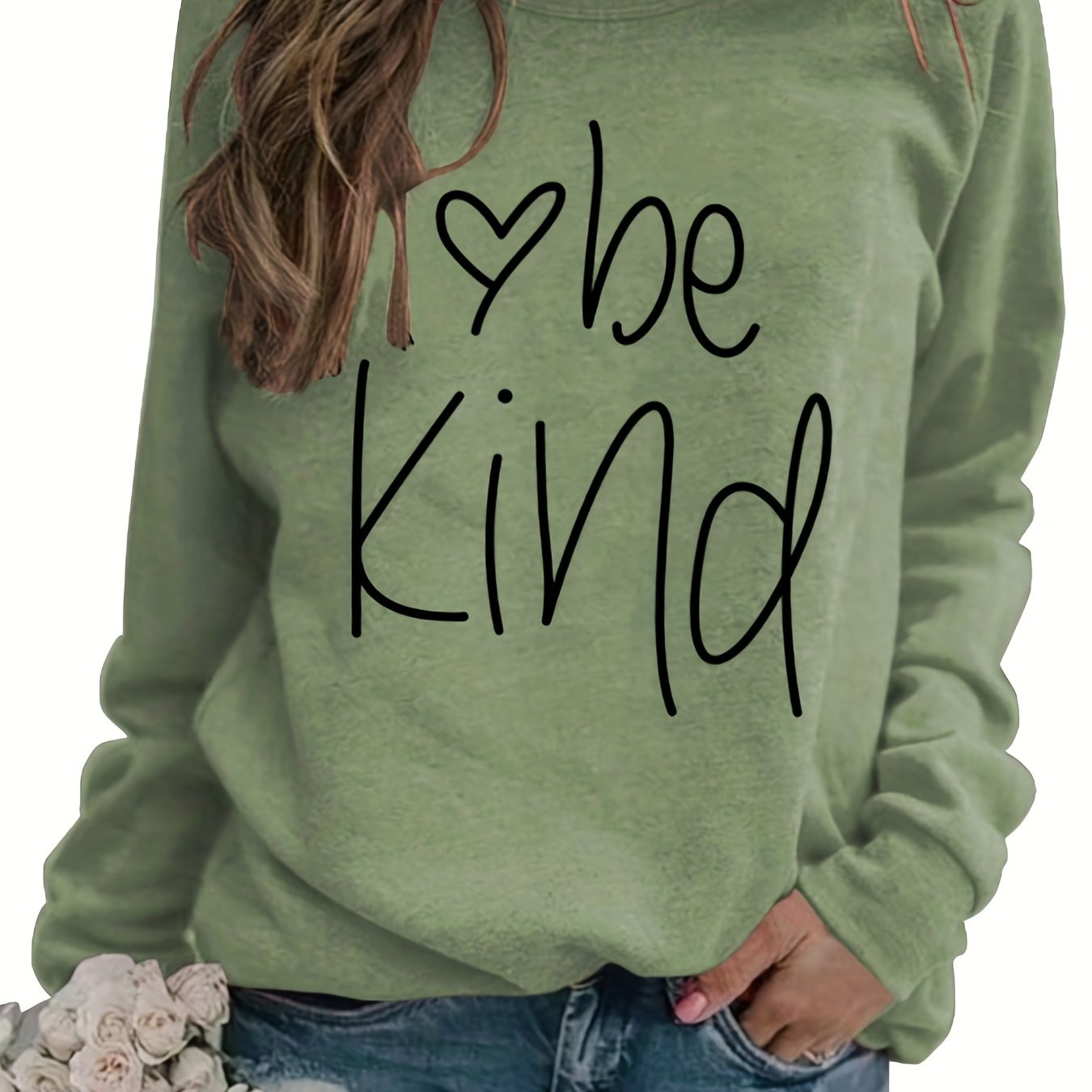 Sixsr Be Kind Letter Print Sweatshirt, Long Sleeve Crew Neck Pullover Sweatshirt, Casual Tops For Fall & Winter, Women's Clothing