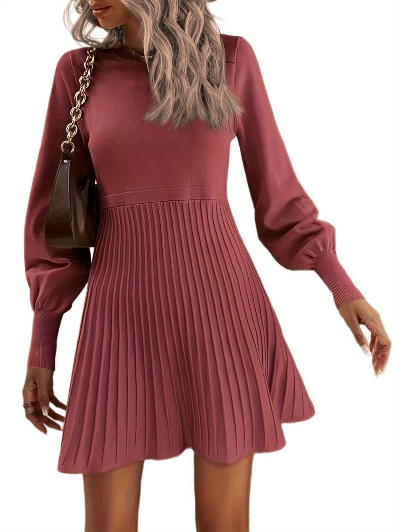 Sixsr Solid Pleated Dress, Elegant Crew Neck Long Sleeve Dress For Spring & Fall, Women's Clothing