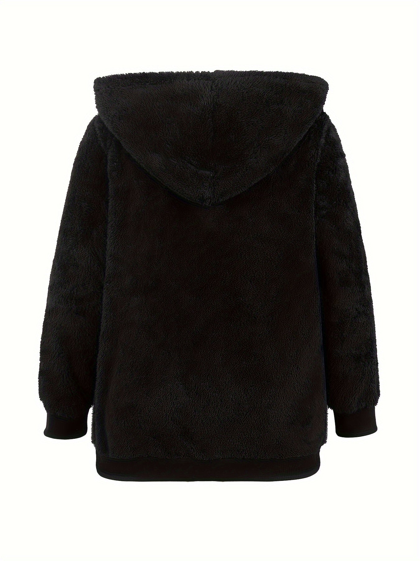 Sixsr Plus Size Casual Coat, Women's Plus Solid Teddy Fleece Long Sleeve Hoodie Drawstring Zipper Medium Stretch Coat With Kangaroo Pockets