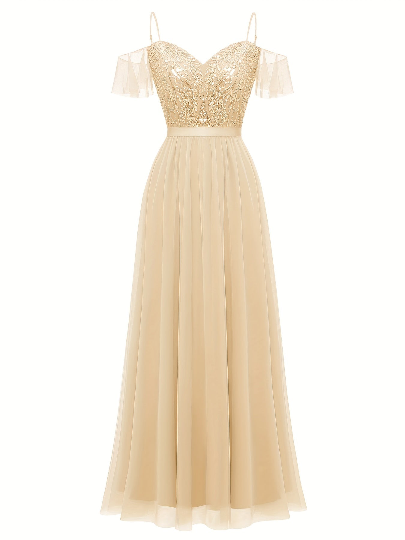 Sixsr Contrast Sequin Spaghetti Strap Bridesmaid Dres, Elegant Short Sleeve A-line Evening Dress For Party & Banquet, Women's Clothing