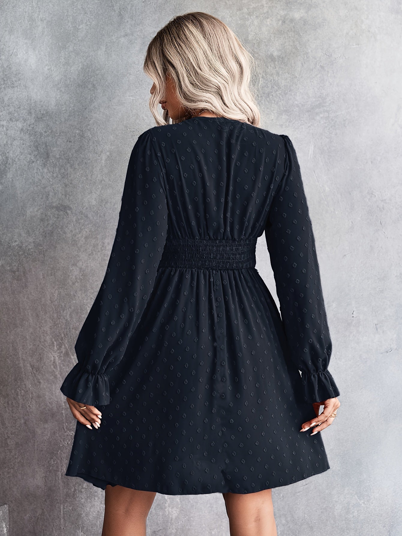 Sixsr Swiss Dot V Neck Dress, Casual Cinched Waist Long Sleeve Dress, Women's Clothing
