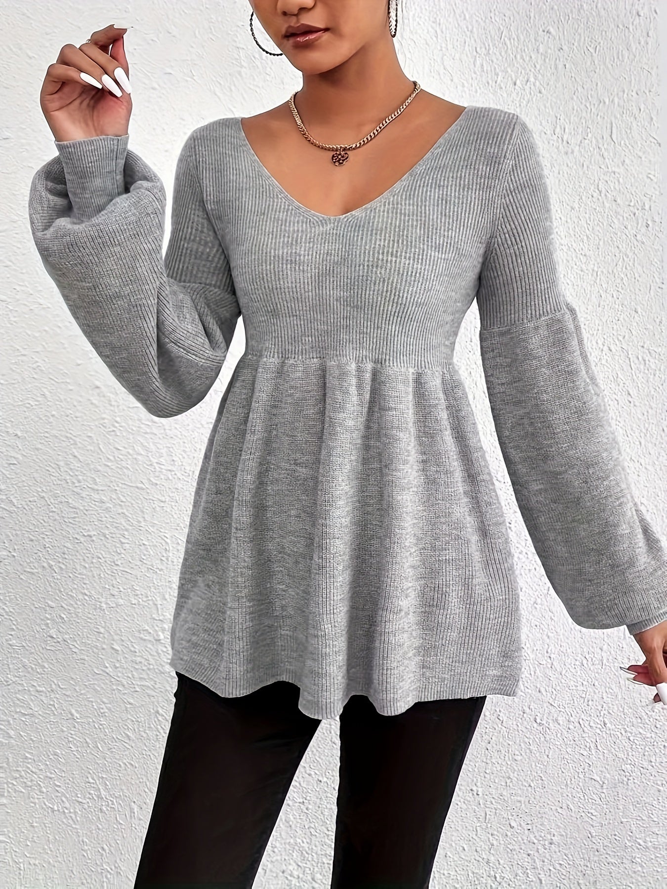 Sixsr Solid V Neck Pullover Sweater, Casual Long Sleeve Ruffle Hem Loose Sweater, Women's Clothing