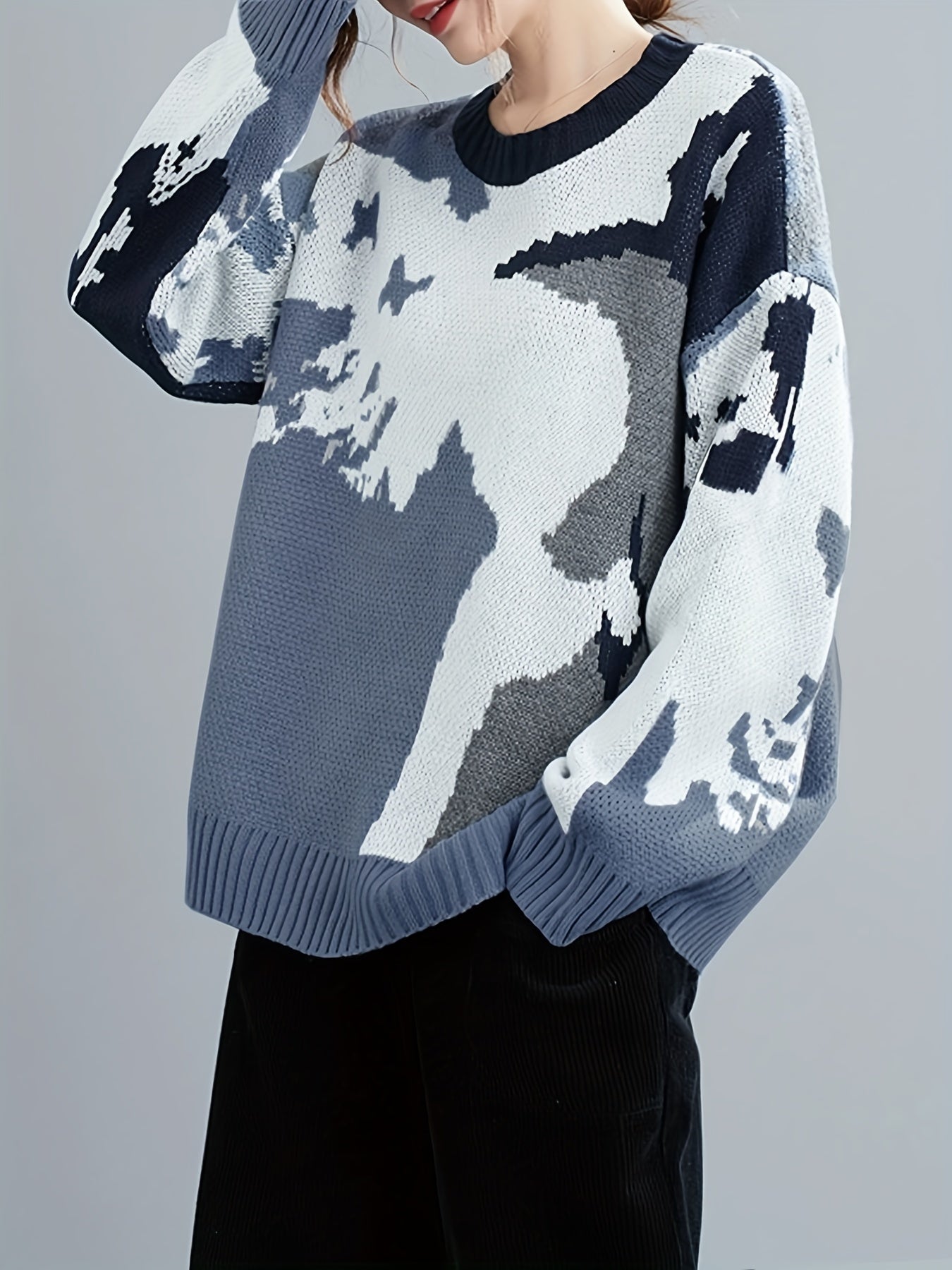 Sixsr Random Pattern Crew Neck Sweater, Casual Long Sleeve Sweater For Fall & Winter, Women's Clothing