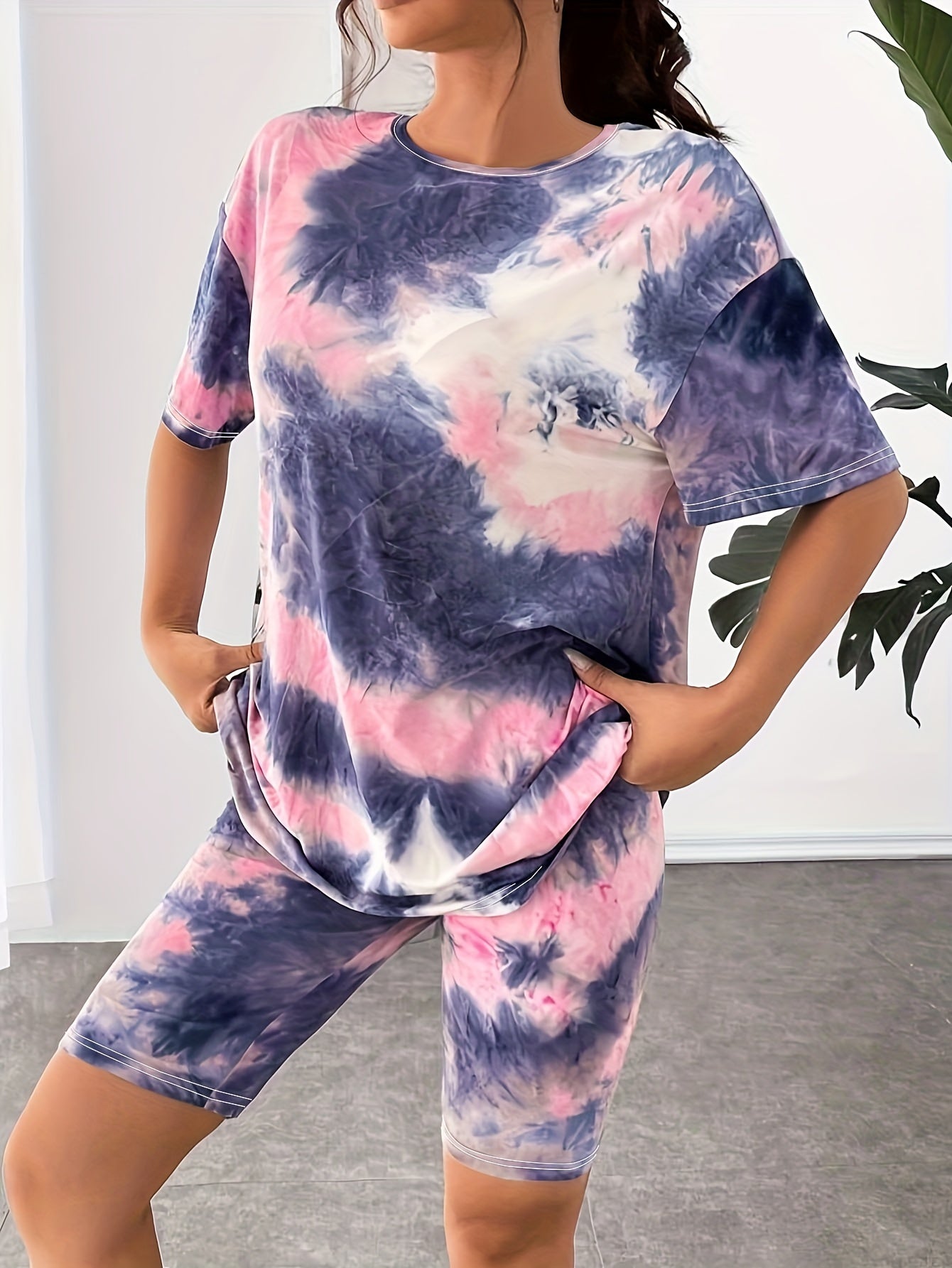 Sixsr Casual Tie Dye Two-piece Set, Drop Shoulder Crew Neck Top & Cropped Leggings Outfits, Women's Clothing