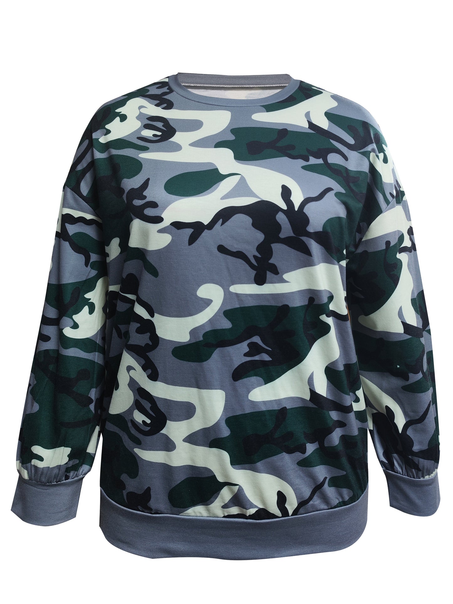 Sixsr Plus Size Casual Sweatshirt, Women's Plus Camo Print Long Sleeve Round Neck Slight Stretch Pullover Top