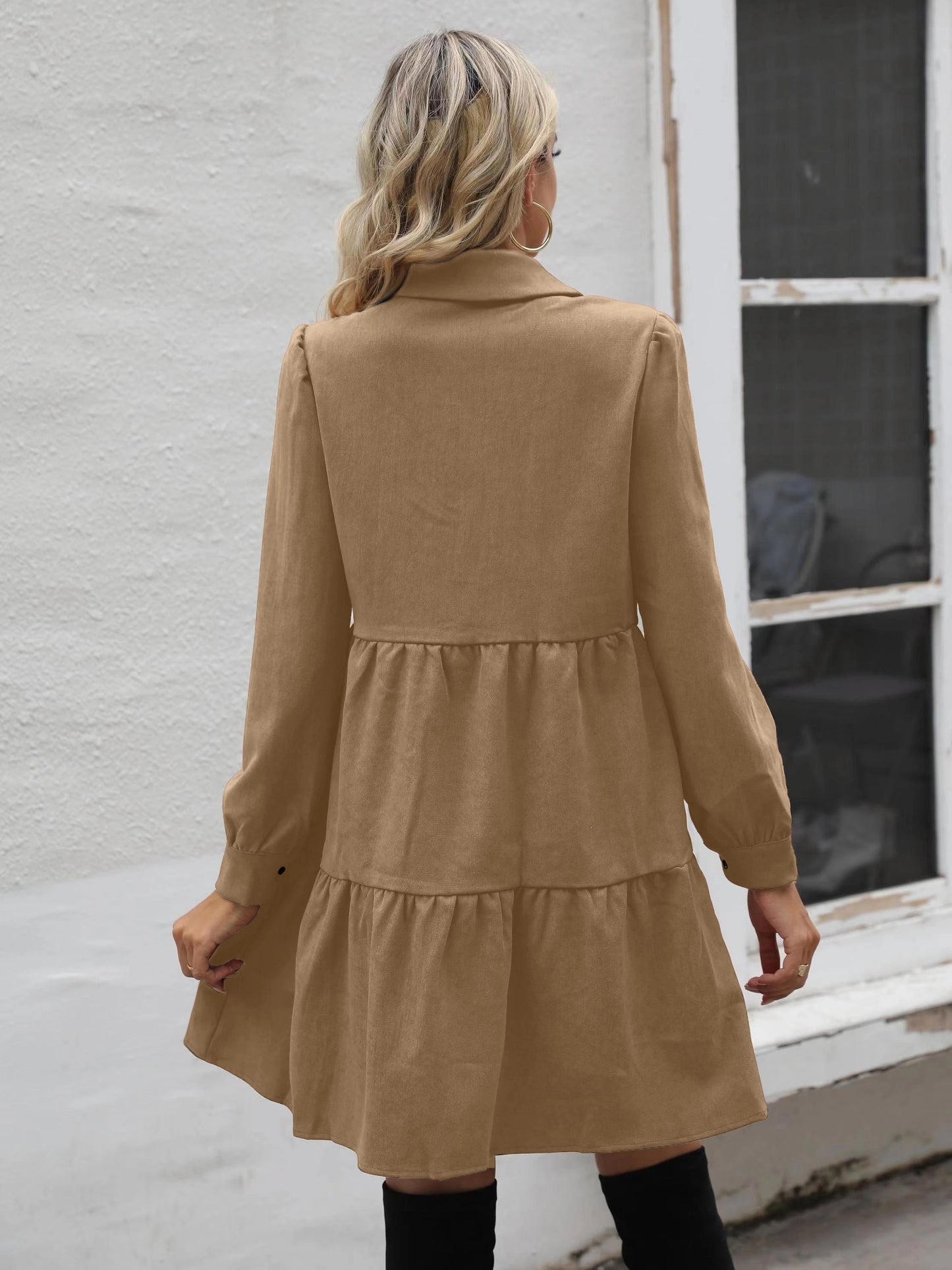 Sixsr Button Front Tiered Dress, Casual Solid Long Sleeve Dress, Women's Clothing