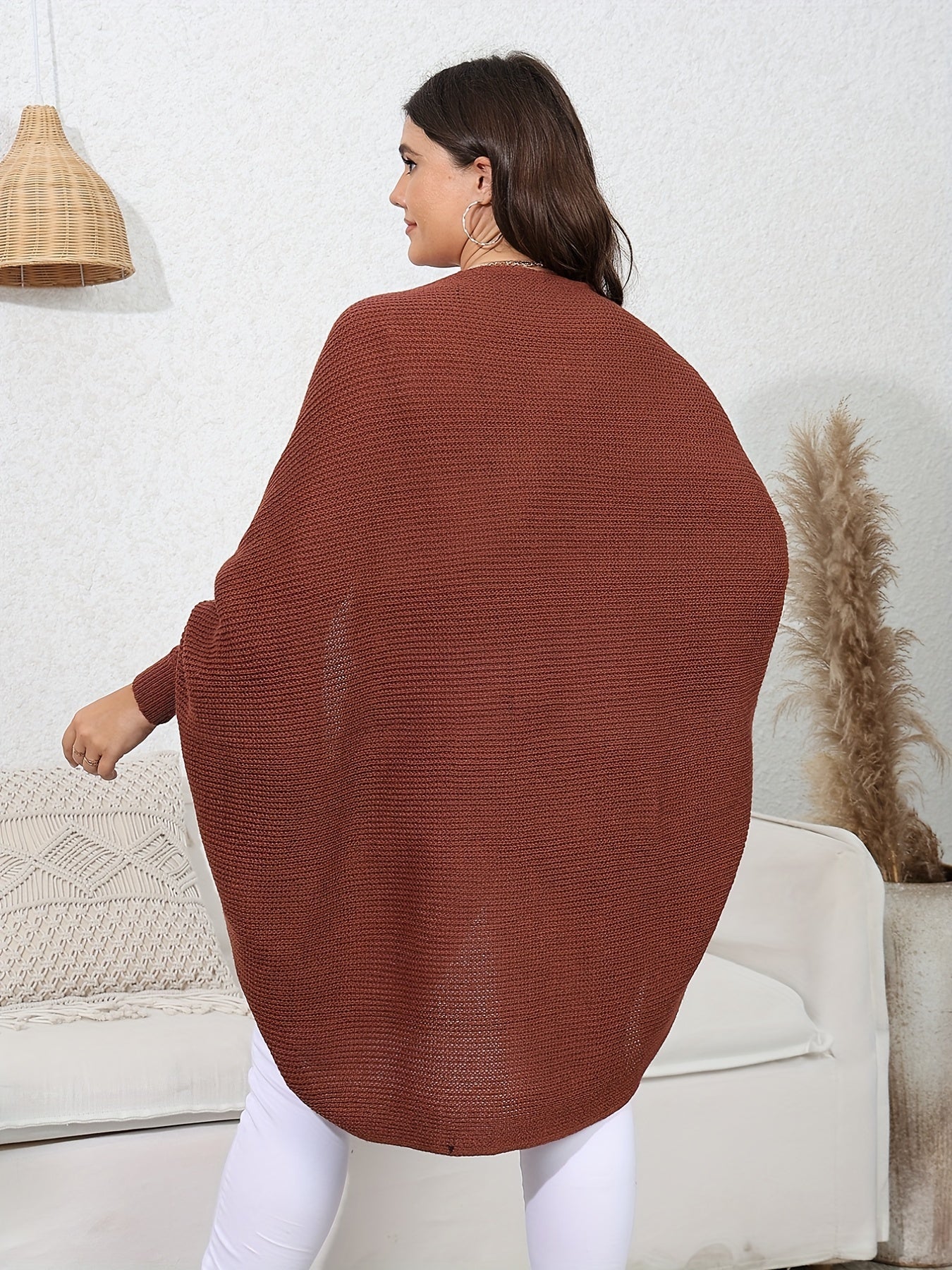 Sixsr Plus Size Rib Knit Batwing Sleeve Cardigan, Women's Plus Casual Slight Stretch Sweater Cardigan