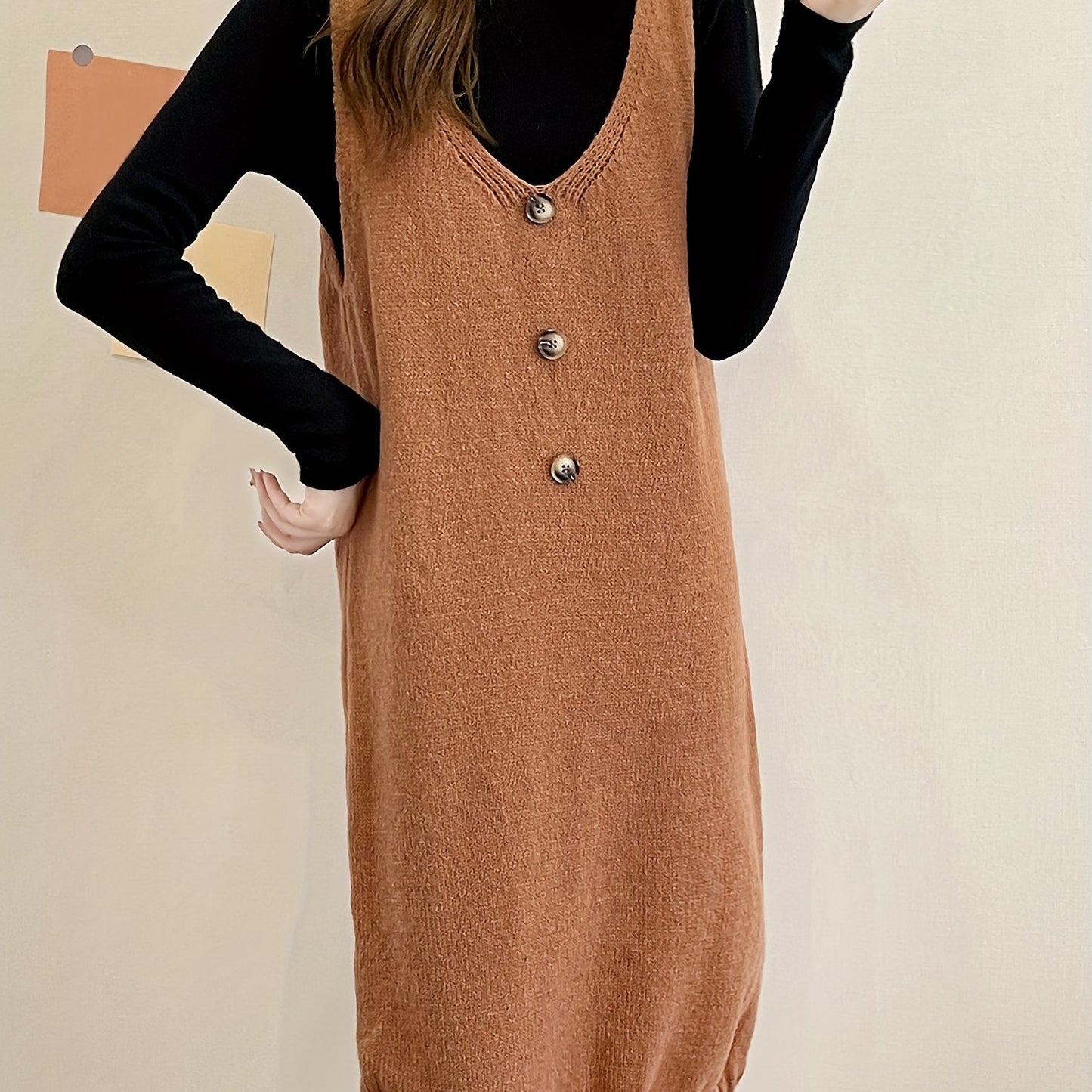 Sixsr Plunging Solid Midi Dress, Elegant Sleeveless Knitted Dress With Buttons, Women's Clothing