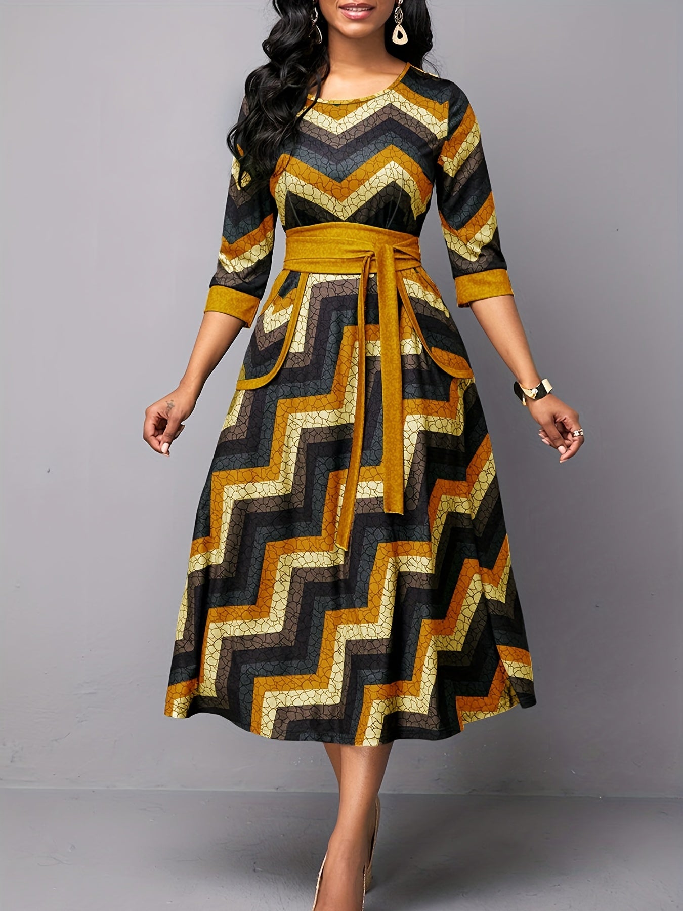 Sixsr Geo Print Tie Front Dress, Casual Pocket Crew Neck Half Sleeve Dress, Women's Clothing