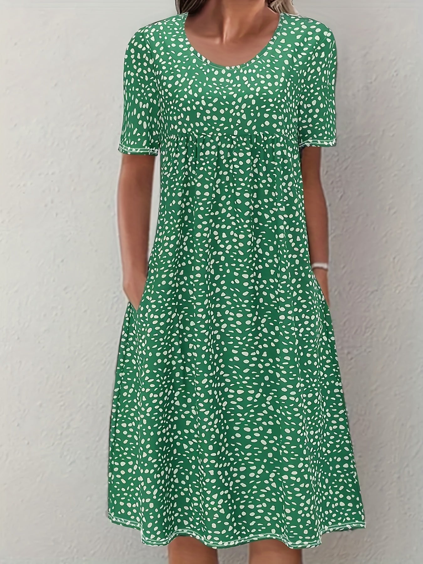 Sixsr Boho Floral Print Dual Pockets Dress, Casual Crew Neck Short Sleeve Dress, Women's Clothing
