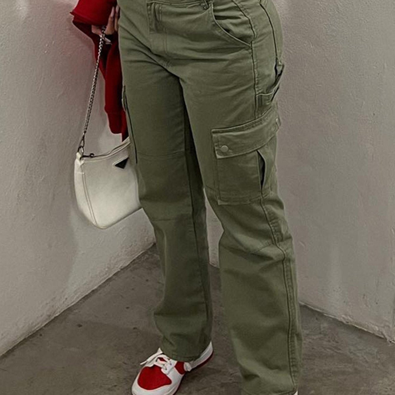 Sixsr Straight Leg Cargo Pants, Y2K Solid High Waist Casual Fashion Slim Wide Leg Pants, Women's Clothing