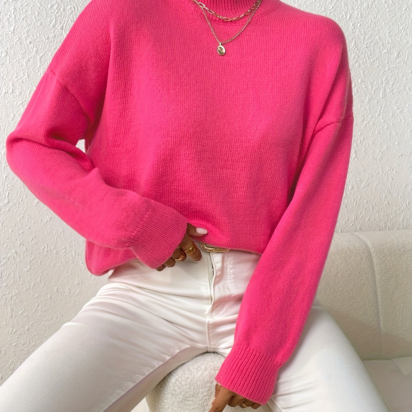 Sixsr Solid Mock Neck Knit Sweater, Casual Drop Shoulder Long Sleeve Sweater, Women's Clothing