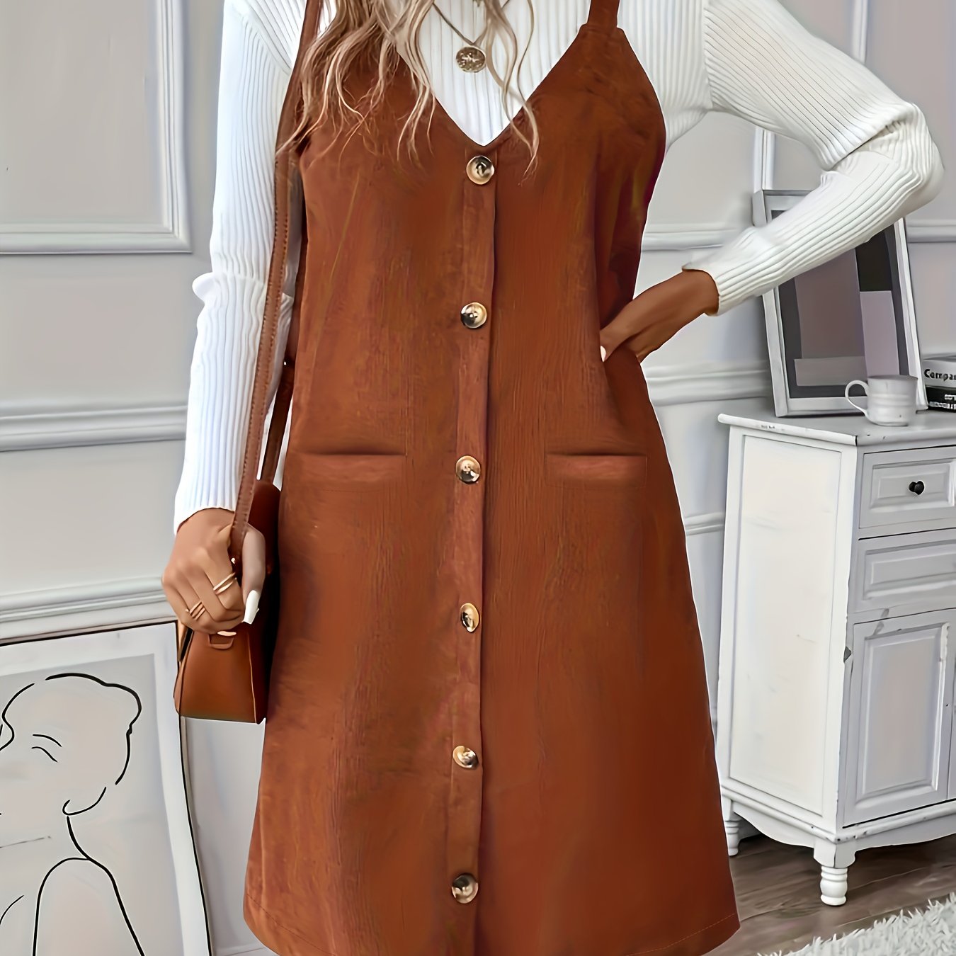 Sixsr Button Decor Dual Pockets Strap Dress, Casual Solid Color V Neck Dress For Spring & Fall, Women's Clothing