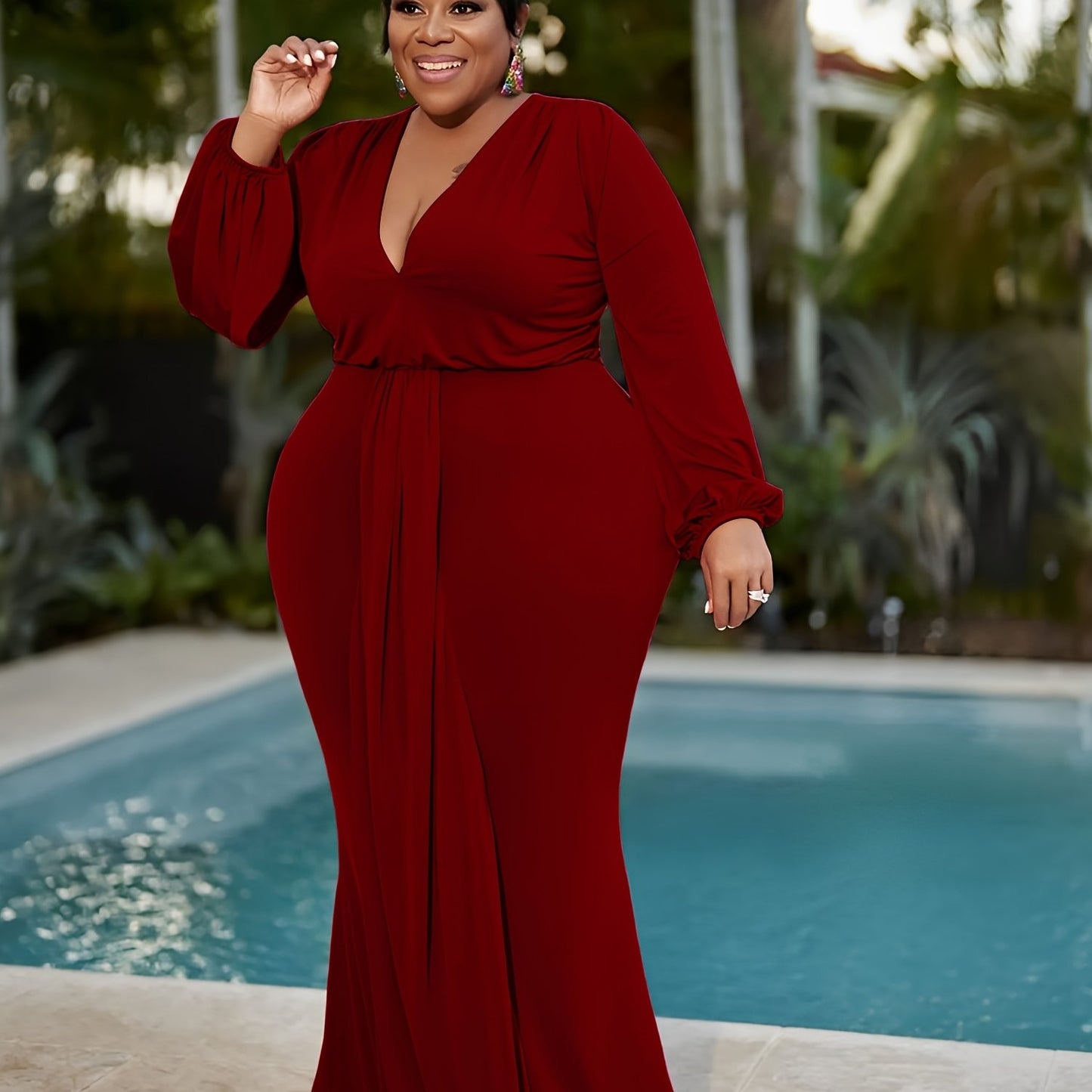 Sixsr Plus Size Deep V Neck Maxi Dress, Women's Plus Solid Medium Stretch Casual Long Dress