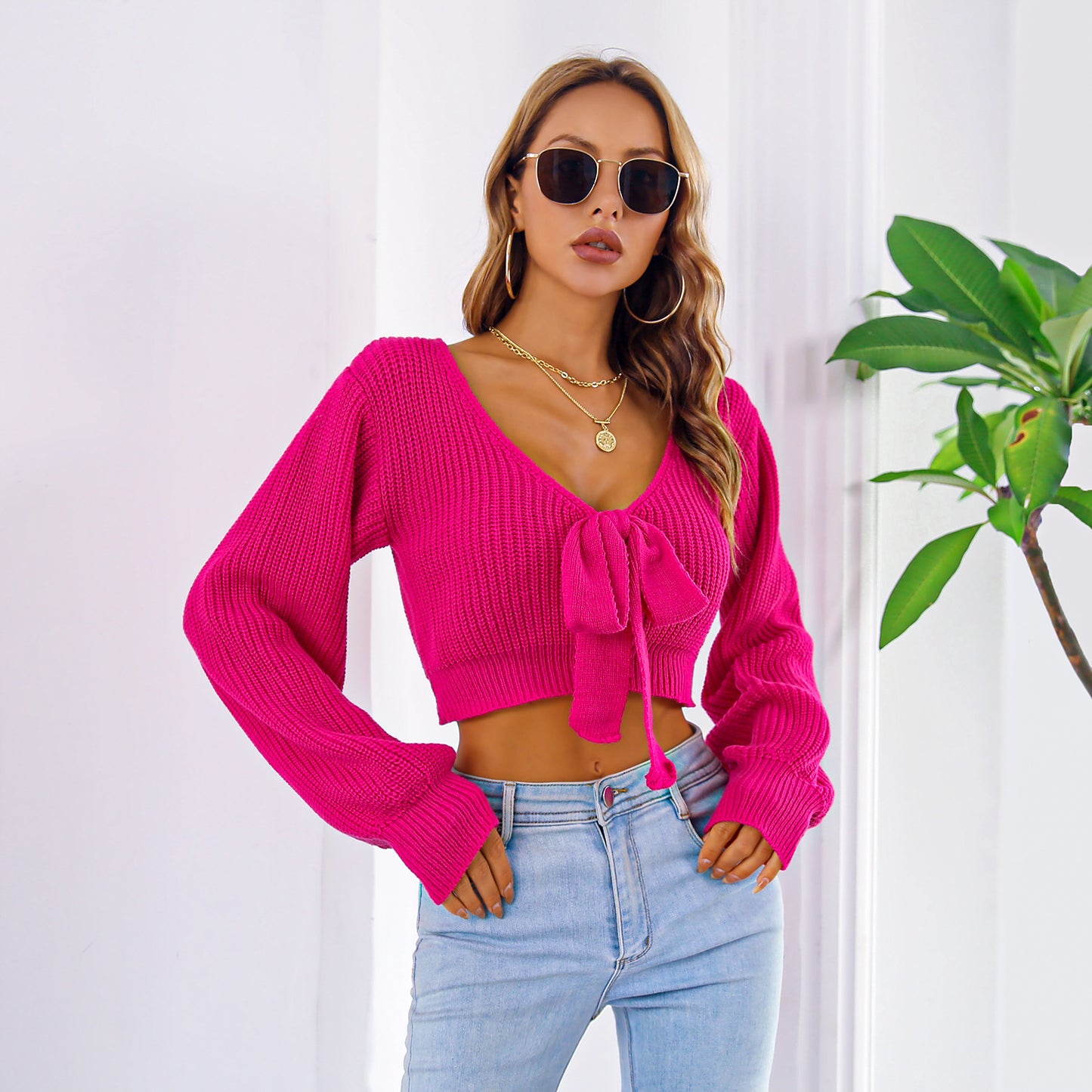Sixsr Sexy Bowknot V Neck Crop Sweater, Casual Lantern Long Sleeve Loose Fall Winter Knit Sweater, Women's Clothing