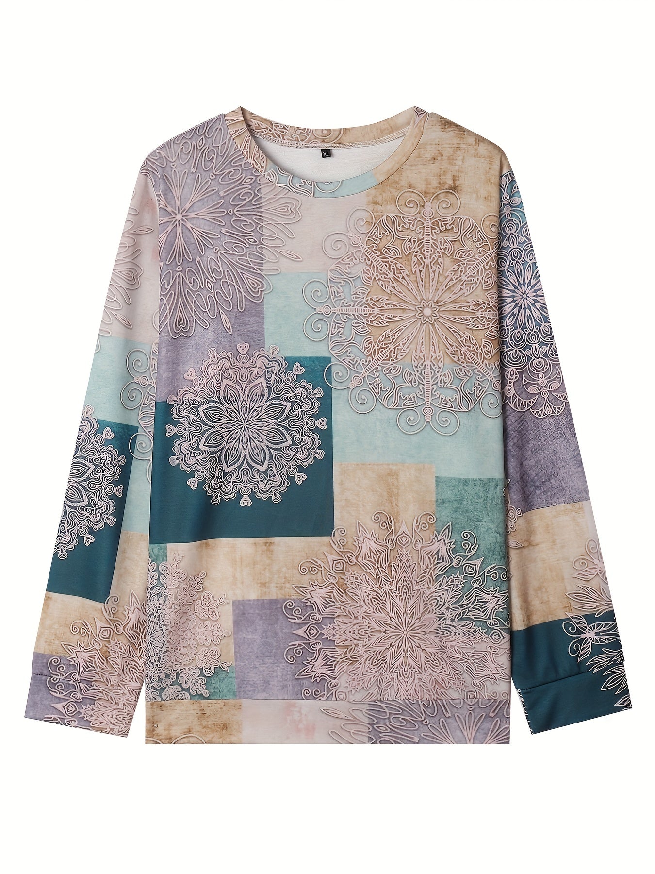 Sixsr Plus Size Casual Sweatshirt, Women's Plus Colorblock Mandala Print Long Sleeve Round Neck Sweatshirt