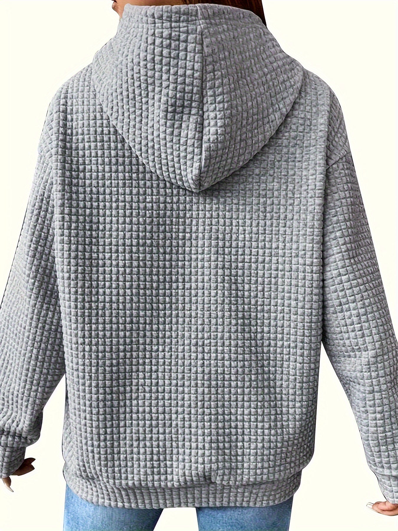 Sixsr Plus Size Casual Coat, Women's Plus Solid Waffle Long Sleeve Hooded Drawstring Sweatshirt Coat With Pockets