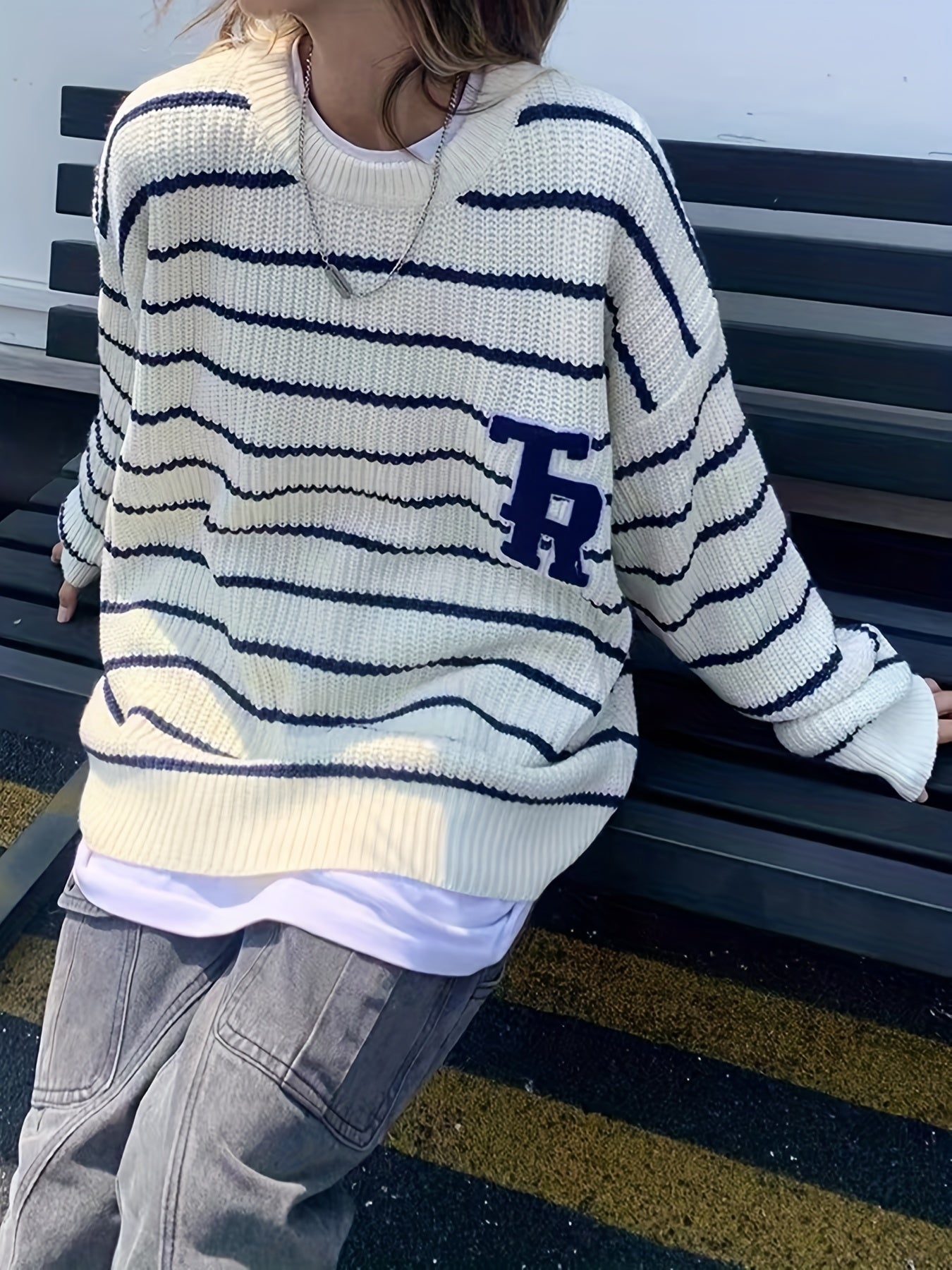 Sixsr Letter Patched Striped Sweater, Casual Crew Neck Long Sleeve Sweater For Fall & Winter, Women's Clothing